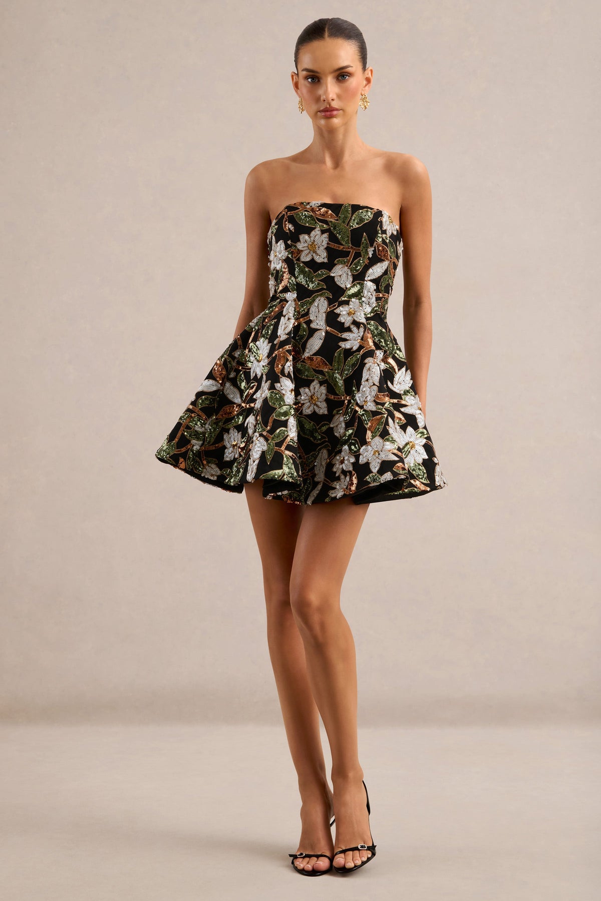 Sparky | Black And Bronze Floral Embellished Bandeau Mini Dress