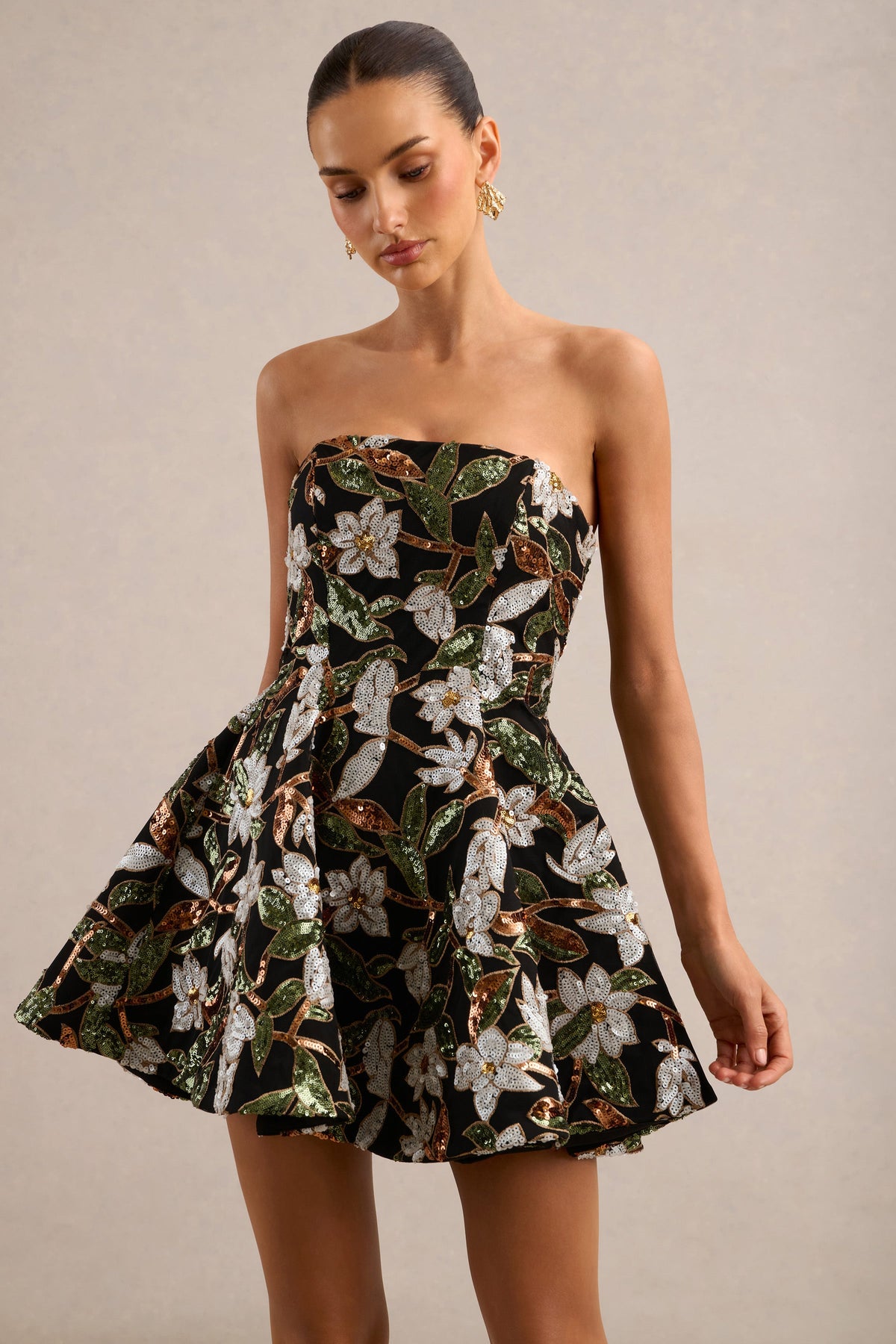 Sparky | Black And Bronze Floral Embellished Bandeau Mini Dress