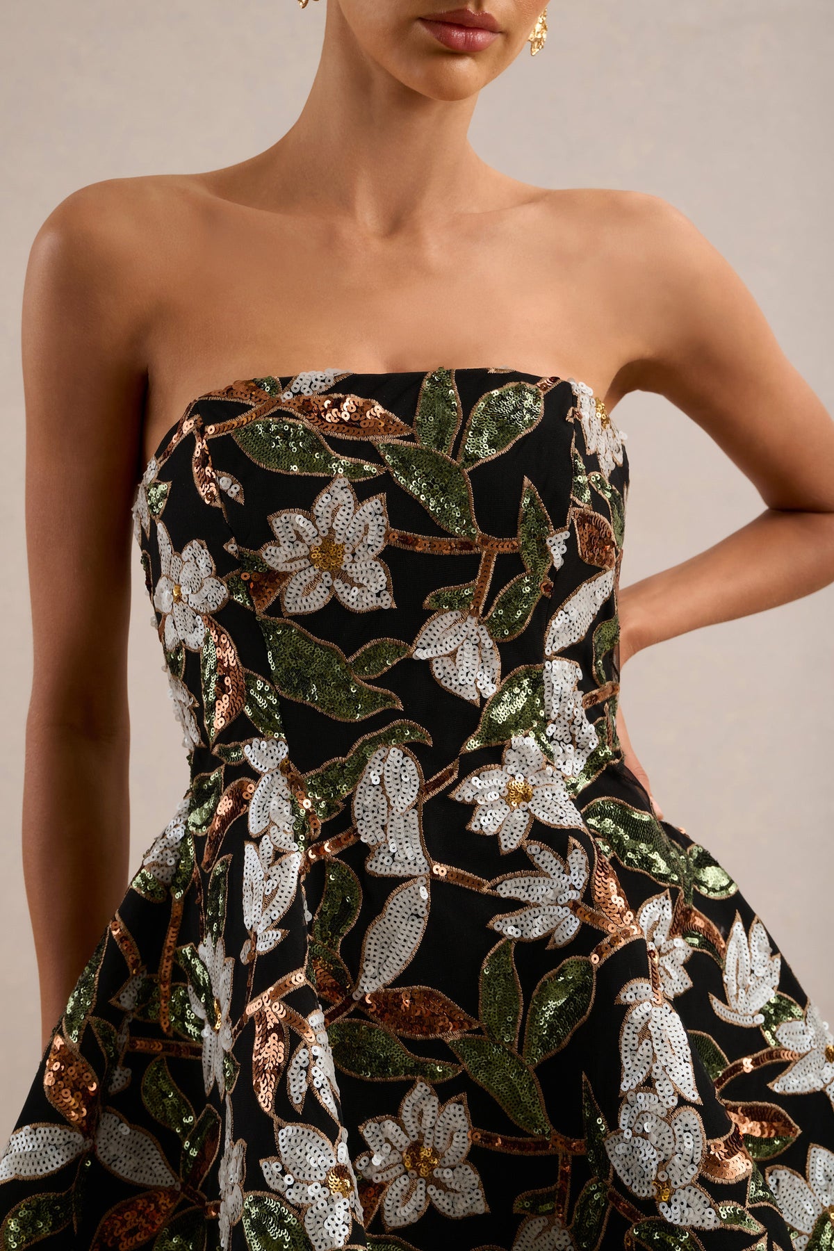Sparky | Black And Bronze Floral Embellished Bandeau Mini Dress