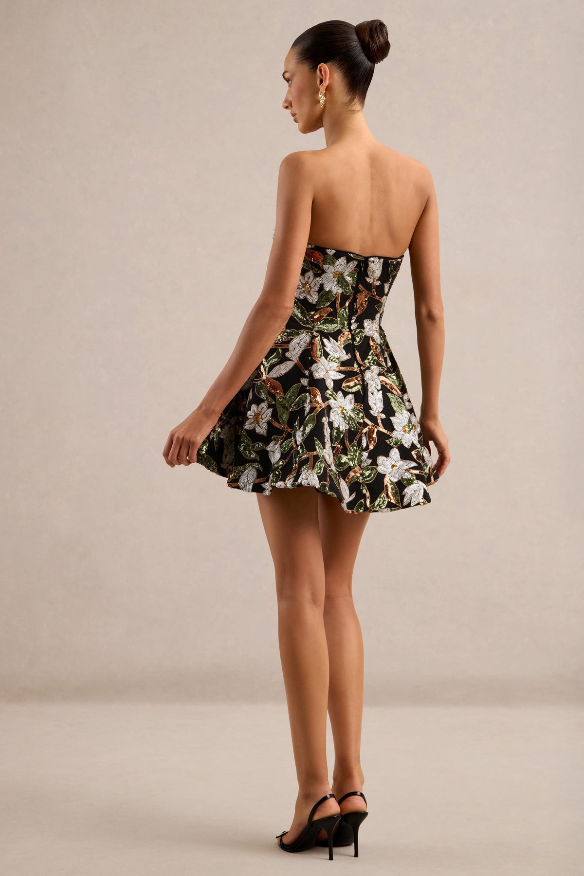 Sparky | Black And Bronze Floral Embellished Bandeau Mini Dress