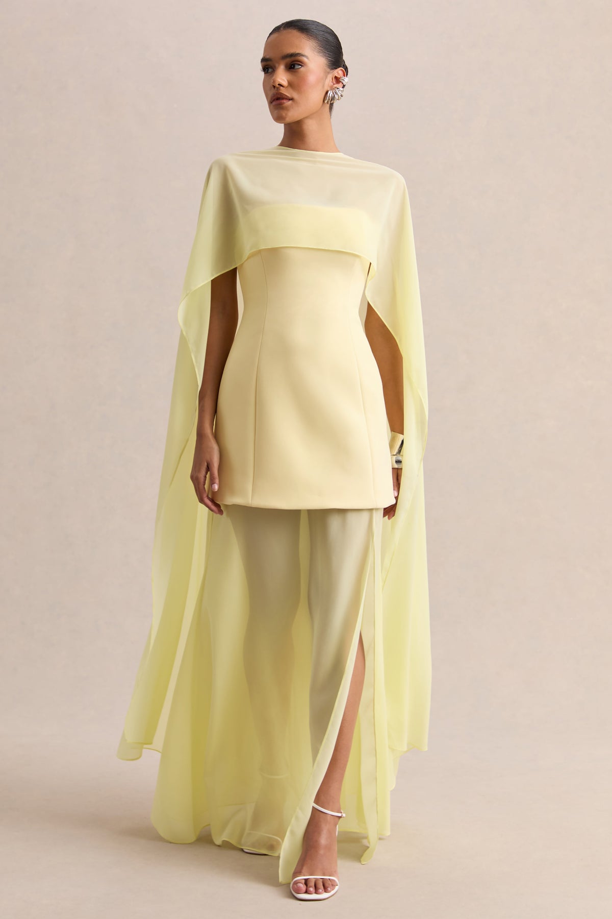 Chessa | Lemon Scuba Boat Neck Short Sleeve Maxi Dress With Sheer Skirt And Corset
