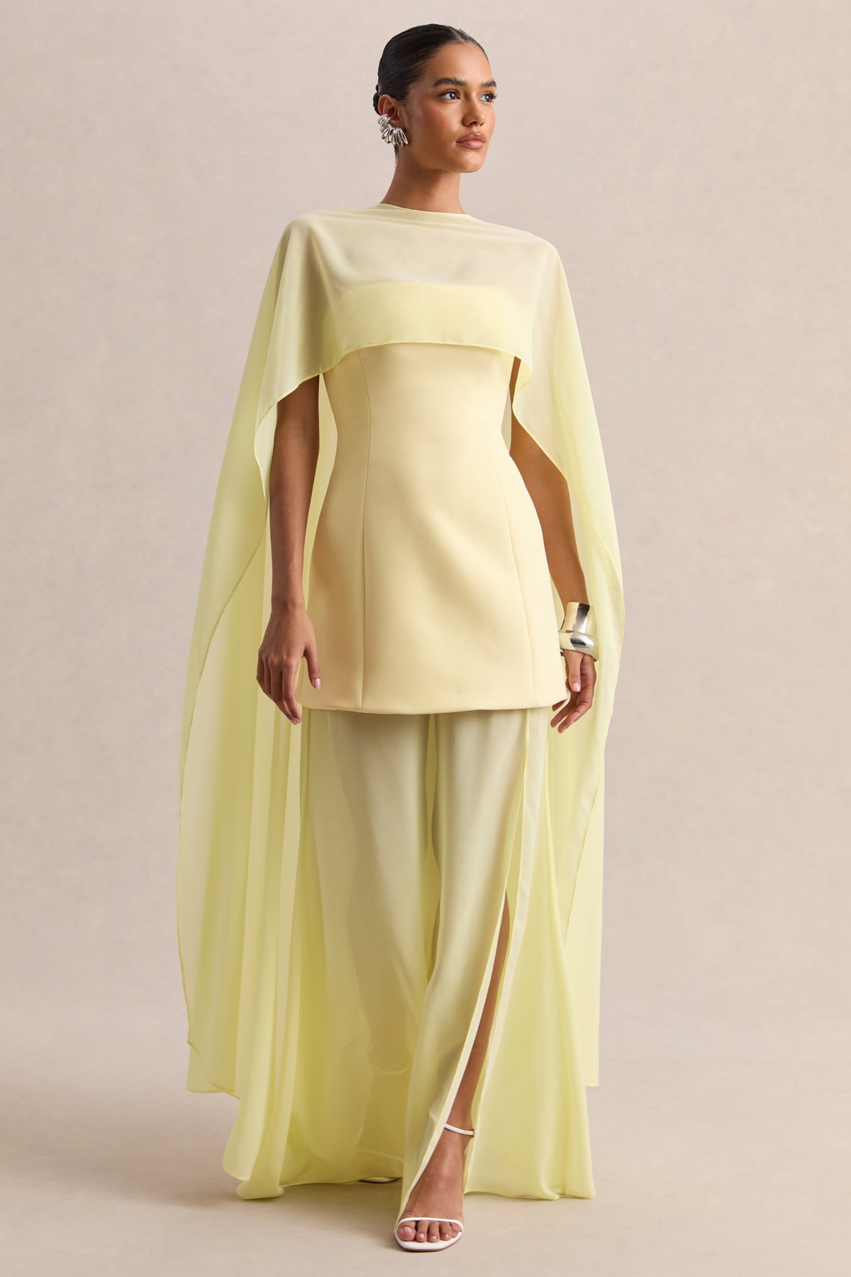 Chessa | Lemon Scuba Boat Neck Short Sleeve Maxi Dress With Sheer Skirt And Corset