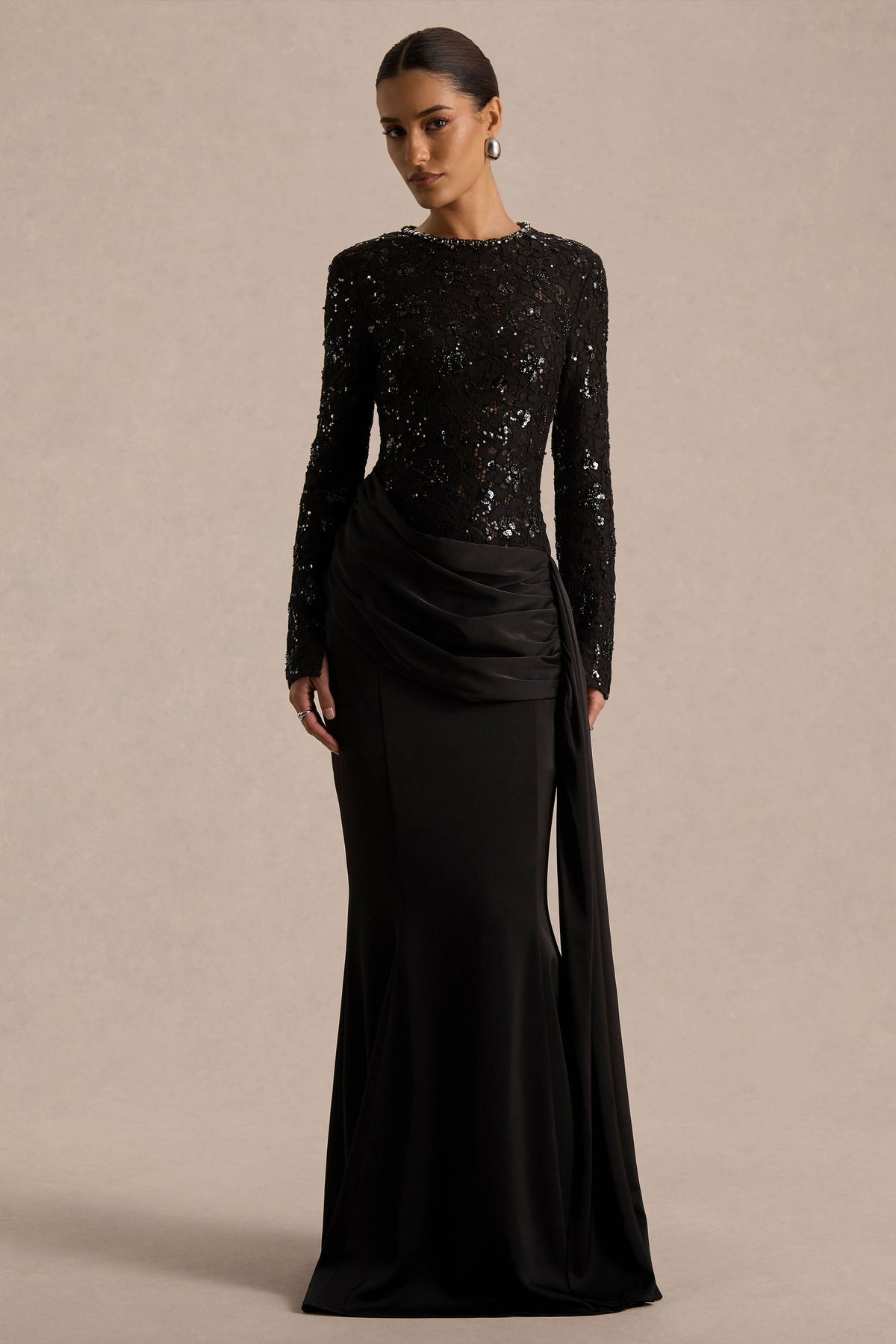 Beau | Black Lace High-Neck Maxi Dress With Draped Detail