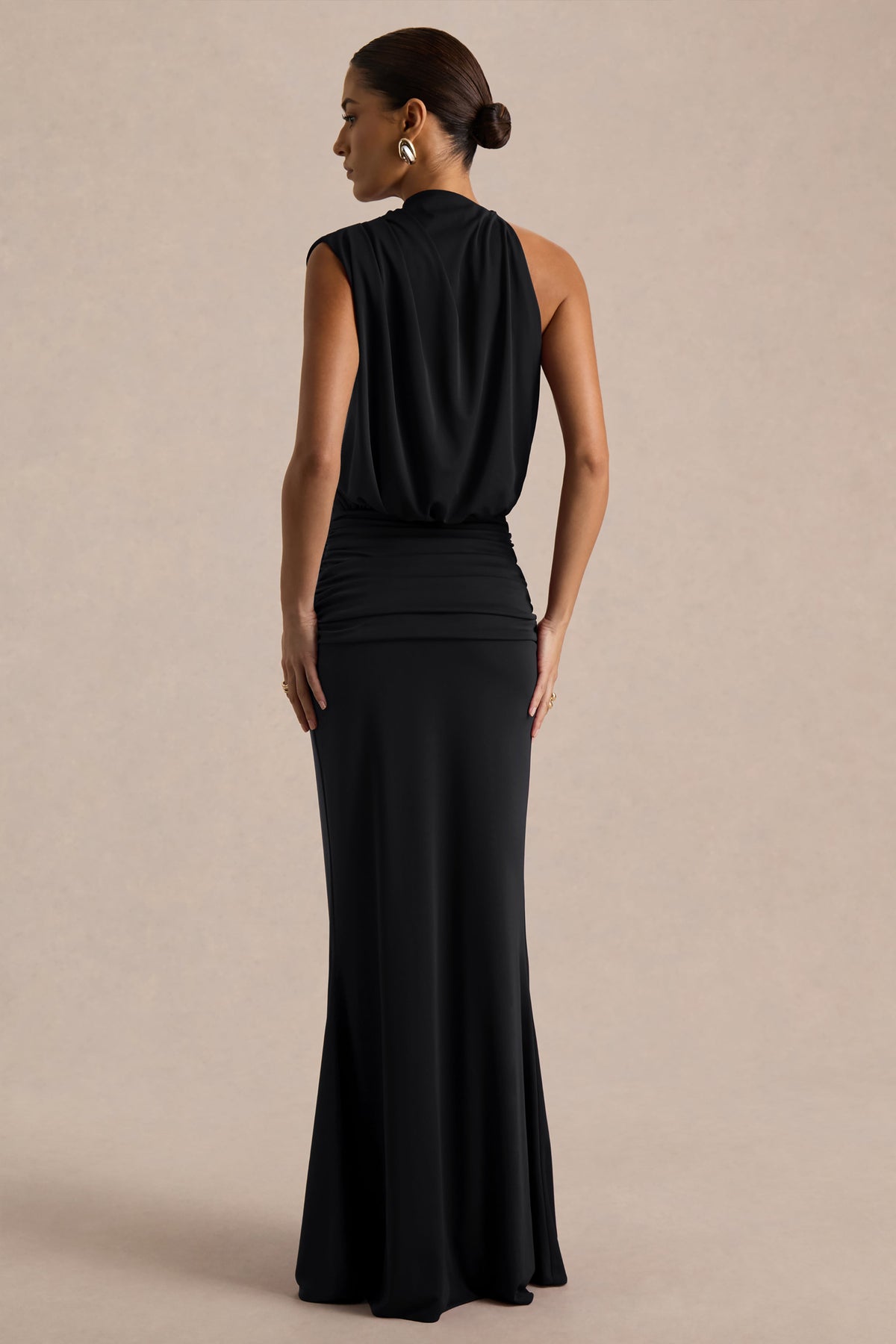 Umaira | Black Ruched High Neck Maxi Dress With Draped Detailing