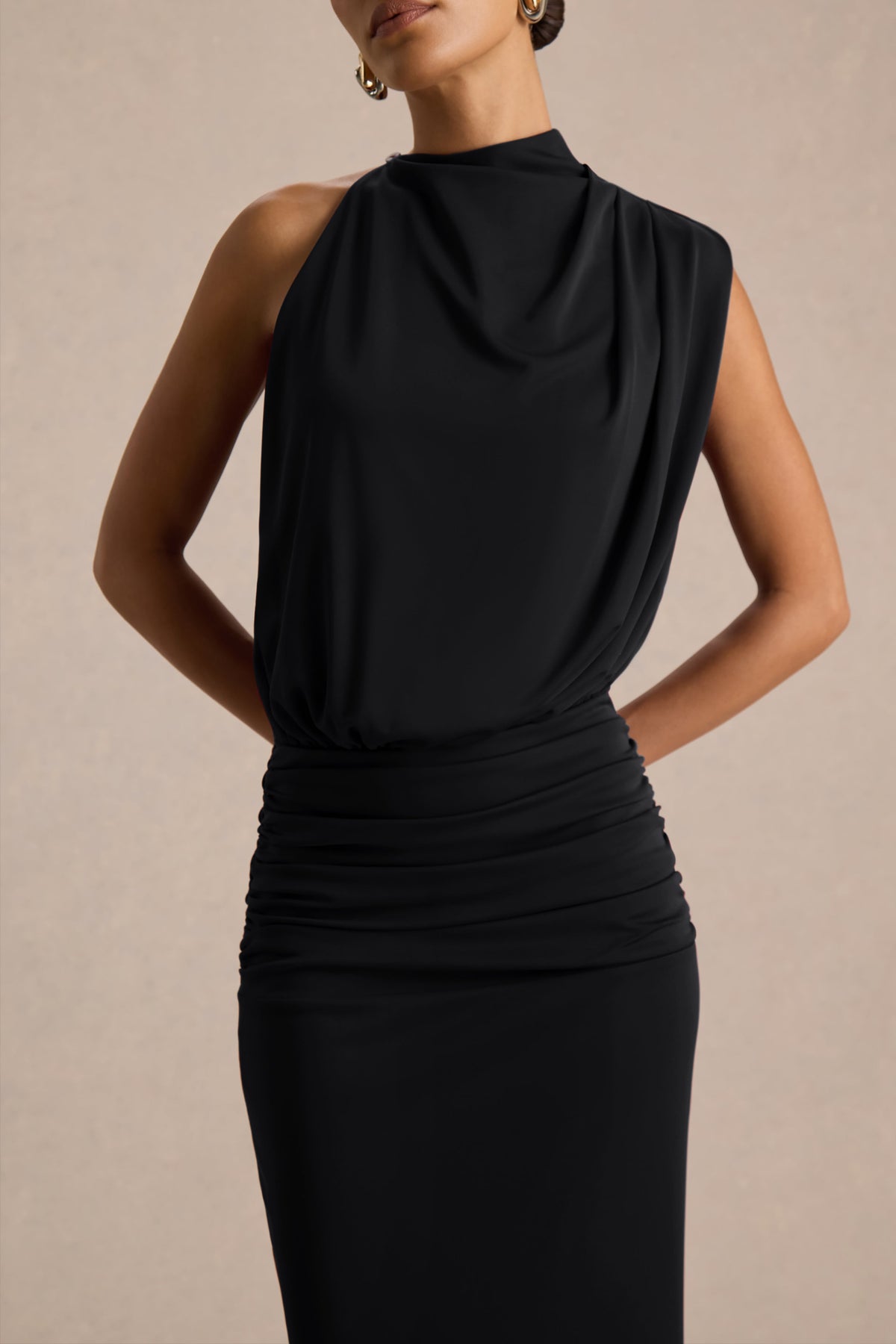 Umaira | Black Ruched High Neck Maxi Dress With Draped Detailing