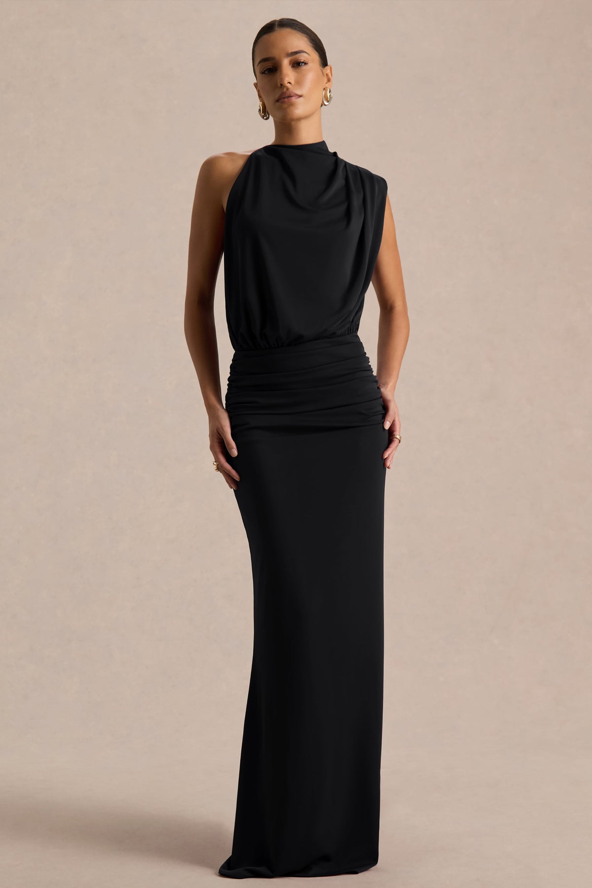 Umaira | Black Ruched High Neck Maxi Dress With Draped Detailing