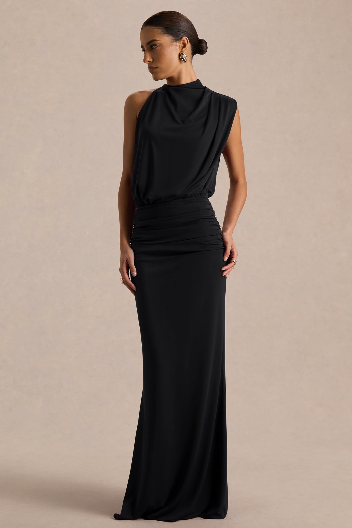 Umaira | Black Ruched High Neck Maxi Dress With Draped Detailing