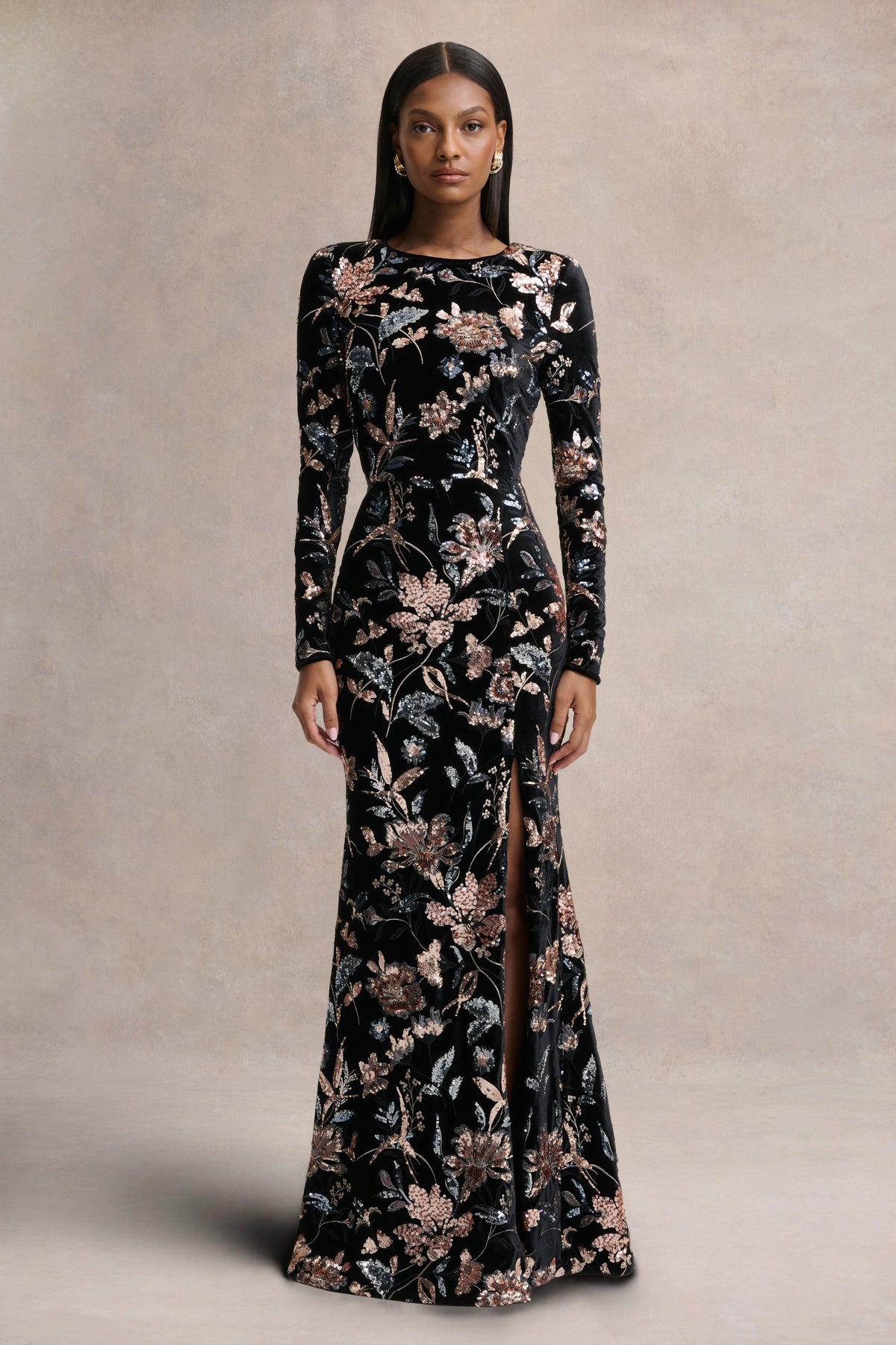 Lyric | Black Floral Velvet And Sequin Embellished Crew-Neck Maxi Dress