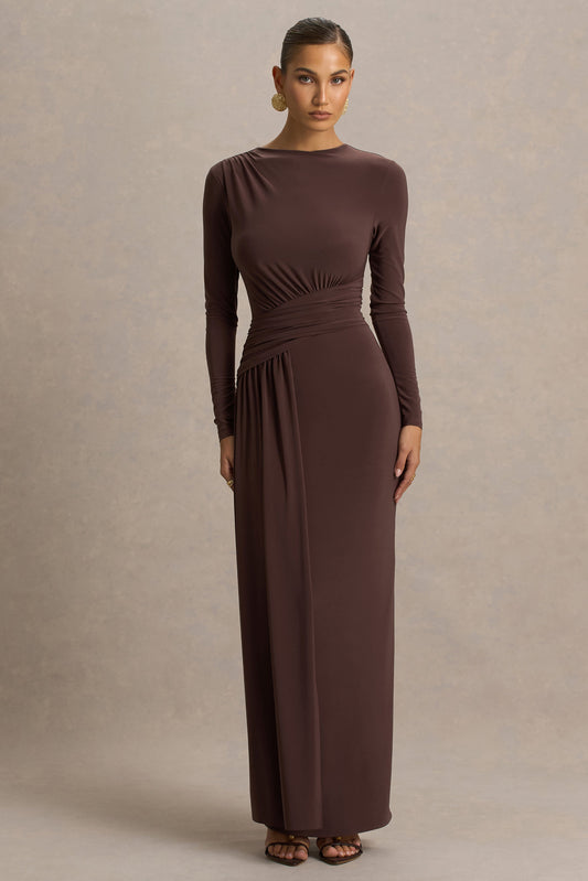Virelle | Brown Boat-Neck Maxi Dress With Wrap Detail And Sash