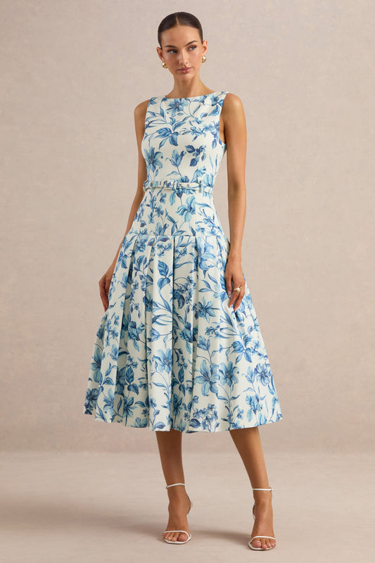 Sunnira | Blue Porcelain Print Boat-Neck Midi Dress With Drop-Waist