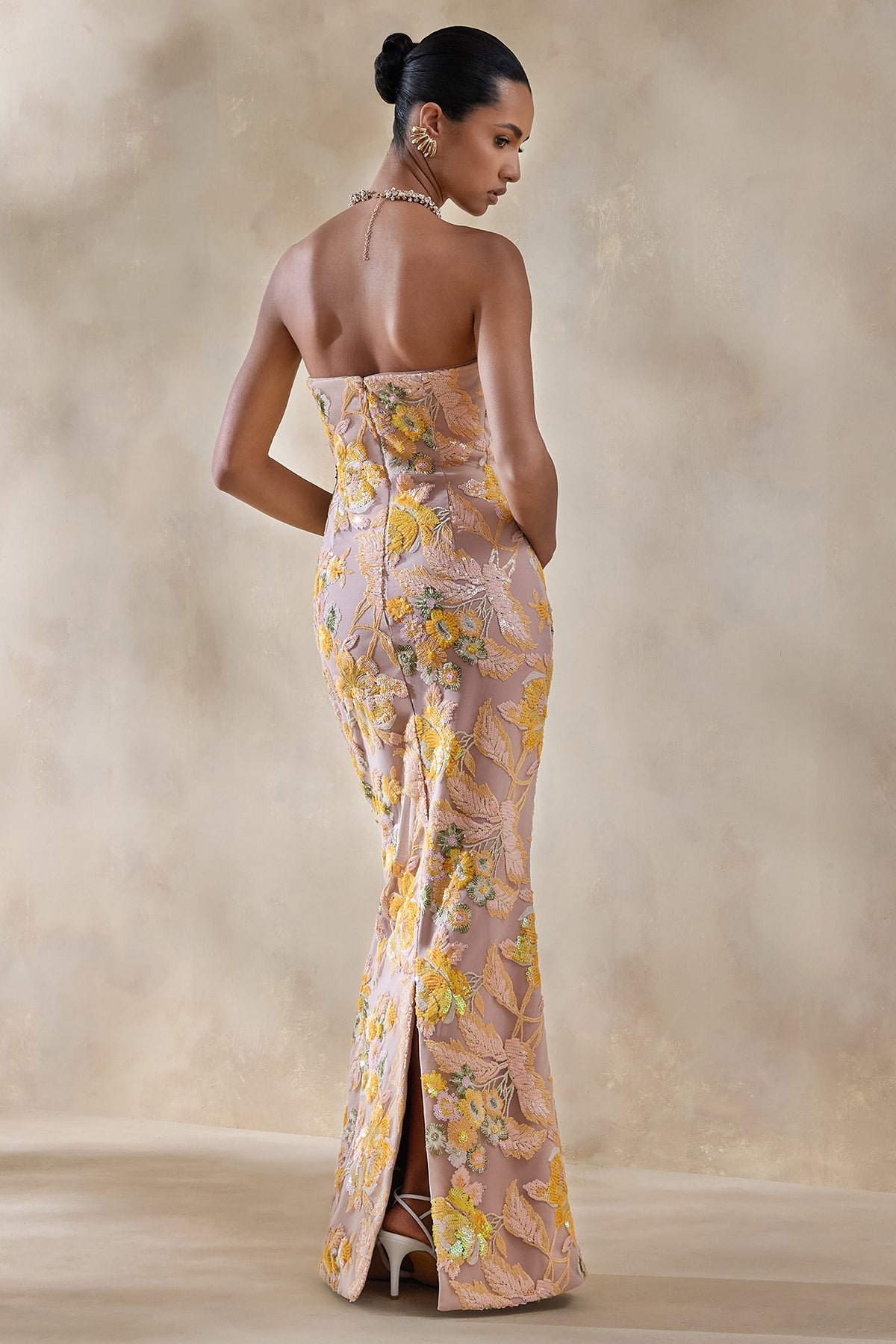 Severn | Yellow Embellished Floral Bandeau Maxi Dress
