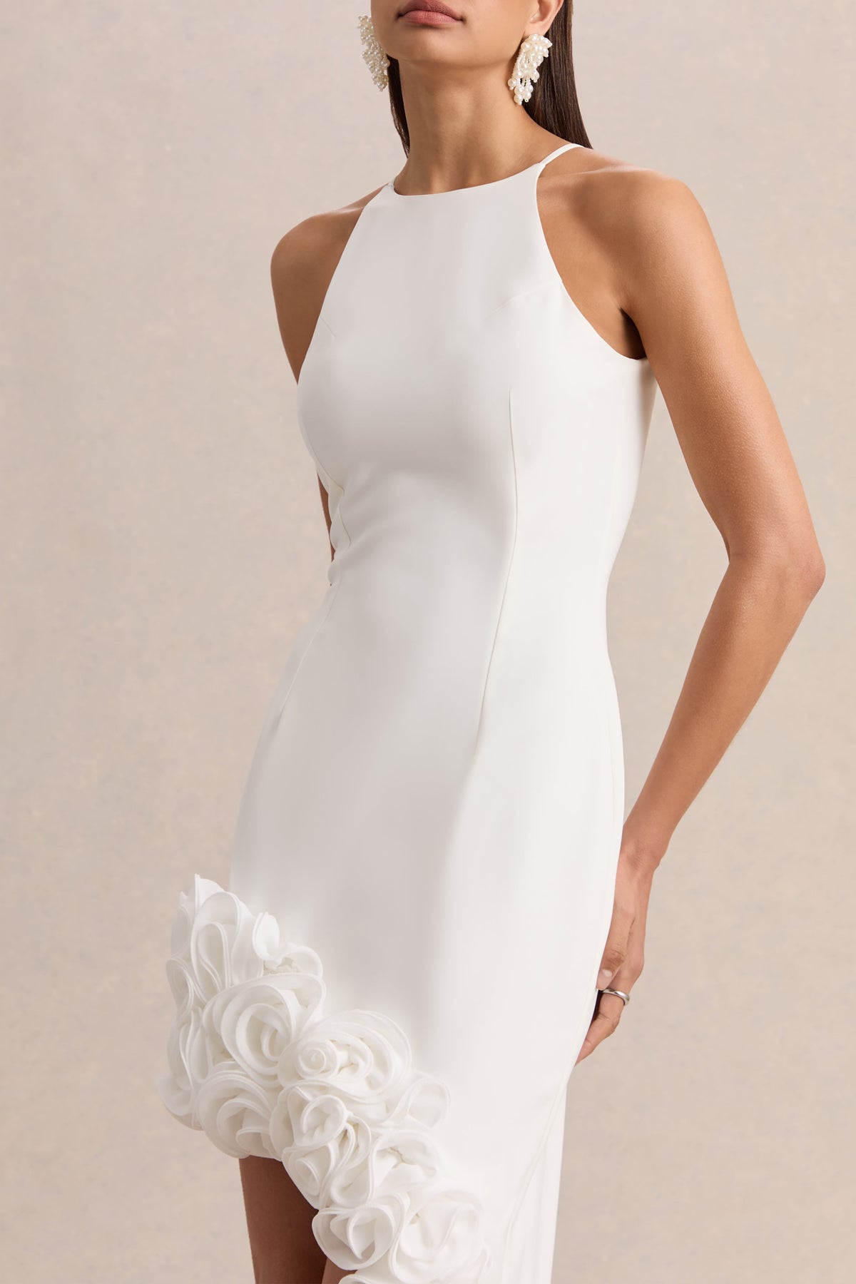Indira | White Halter-Neck Maxi Dress With Asymmetric-Floral Hem