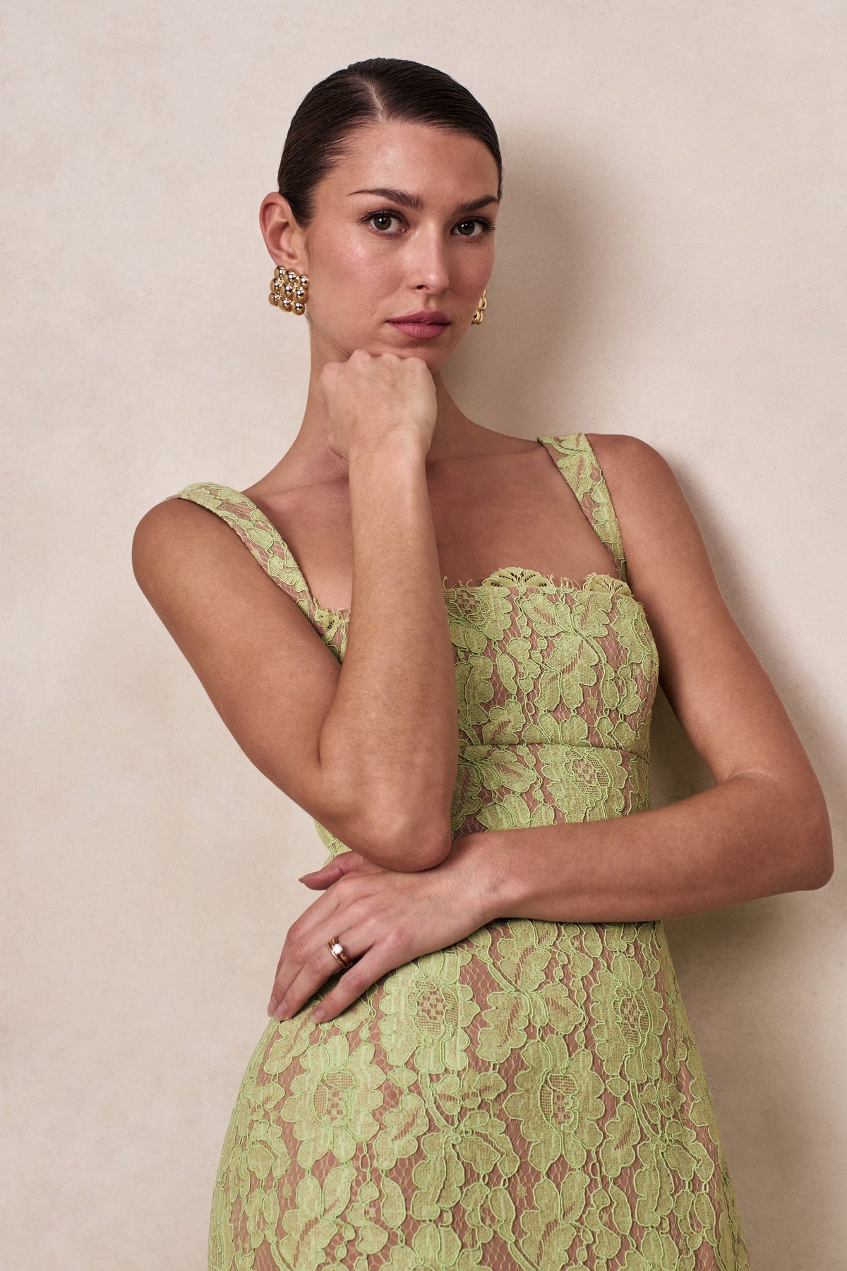 Zarisse | Green Lace Square Neck Maxi Dress With Split