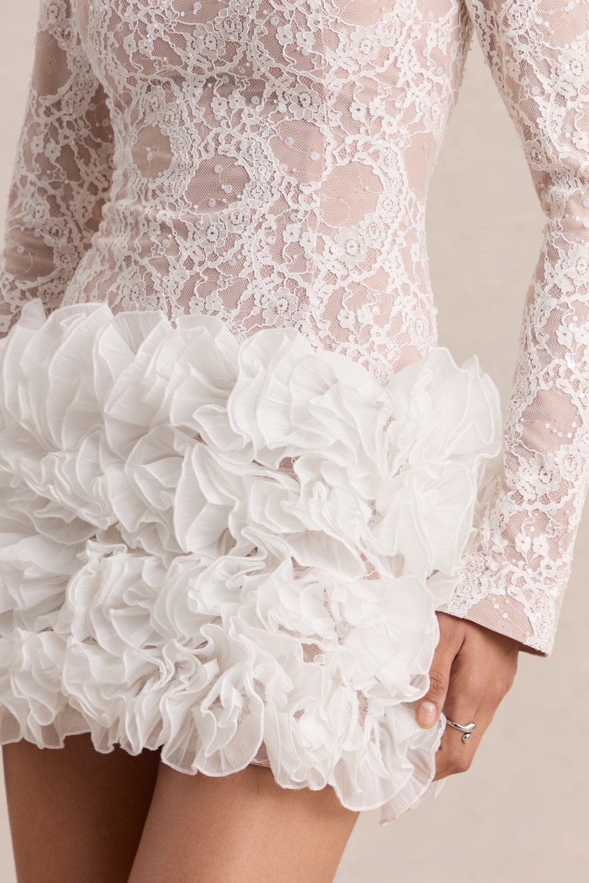 Cecilia | White Lace Embellished Round Neck Long Sleeve Mini Dress With Ruffled Detailing
