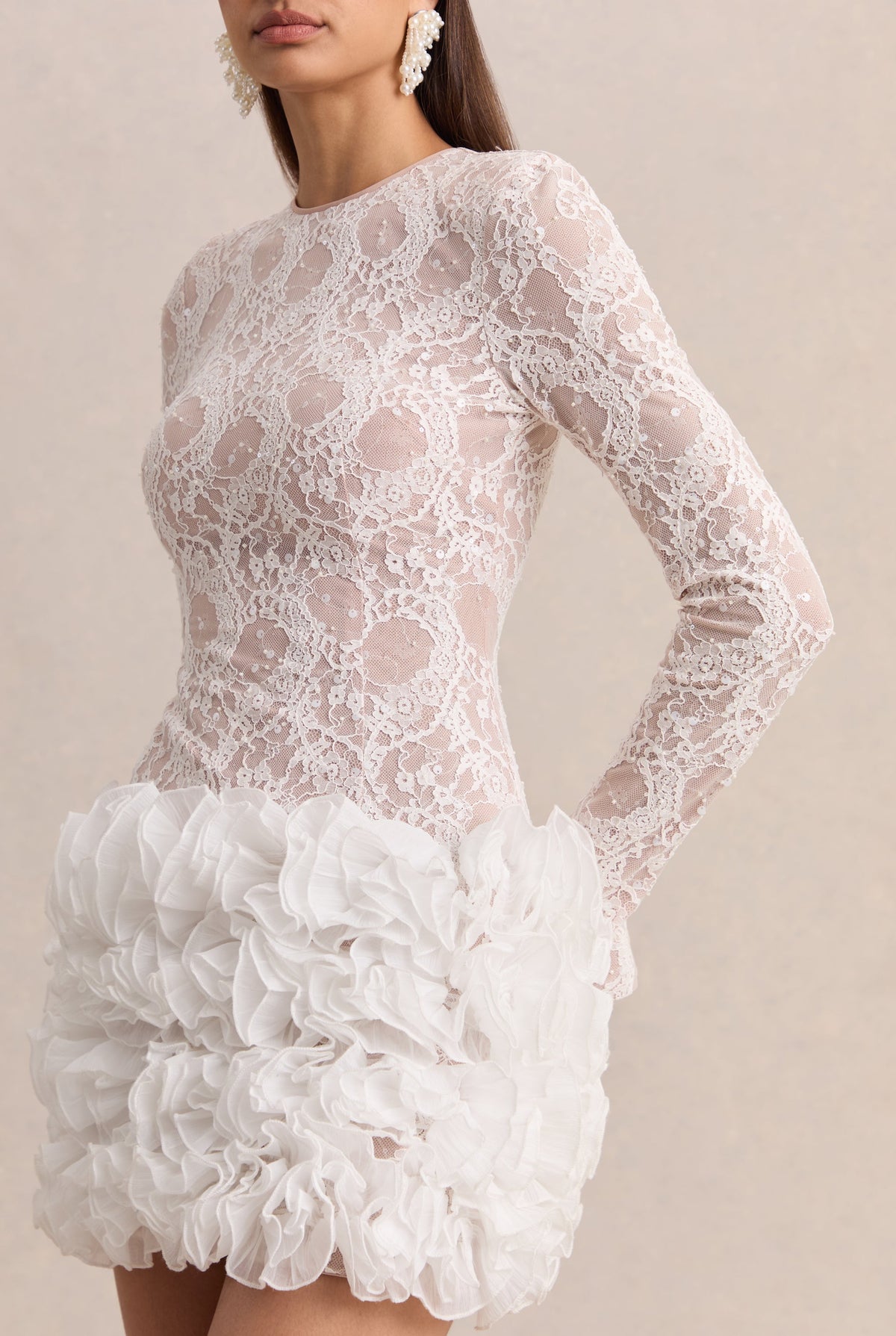 Cecilia | White Lace Embellished Round Neck Long Sleeve Mini Dress With Ruffled Detailing