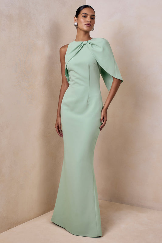 Quira | Mint Round Neck Short Sleeve Maxi Dress With Bow Detailing And Back Split