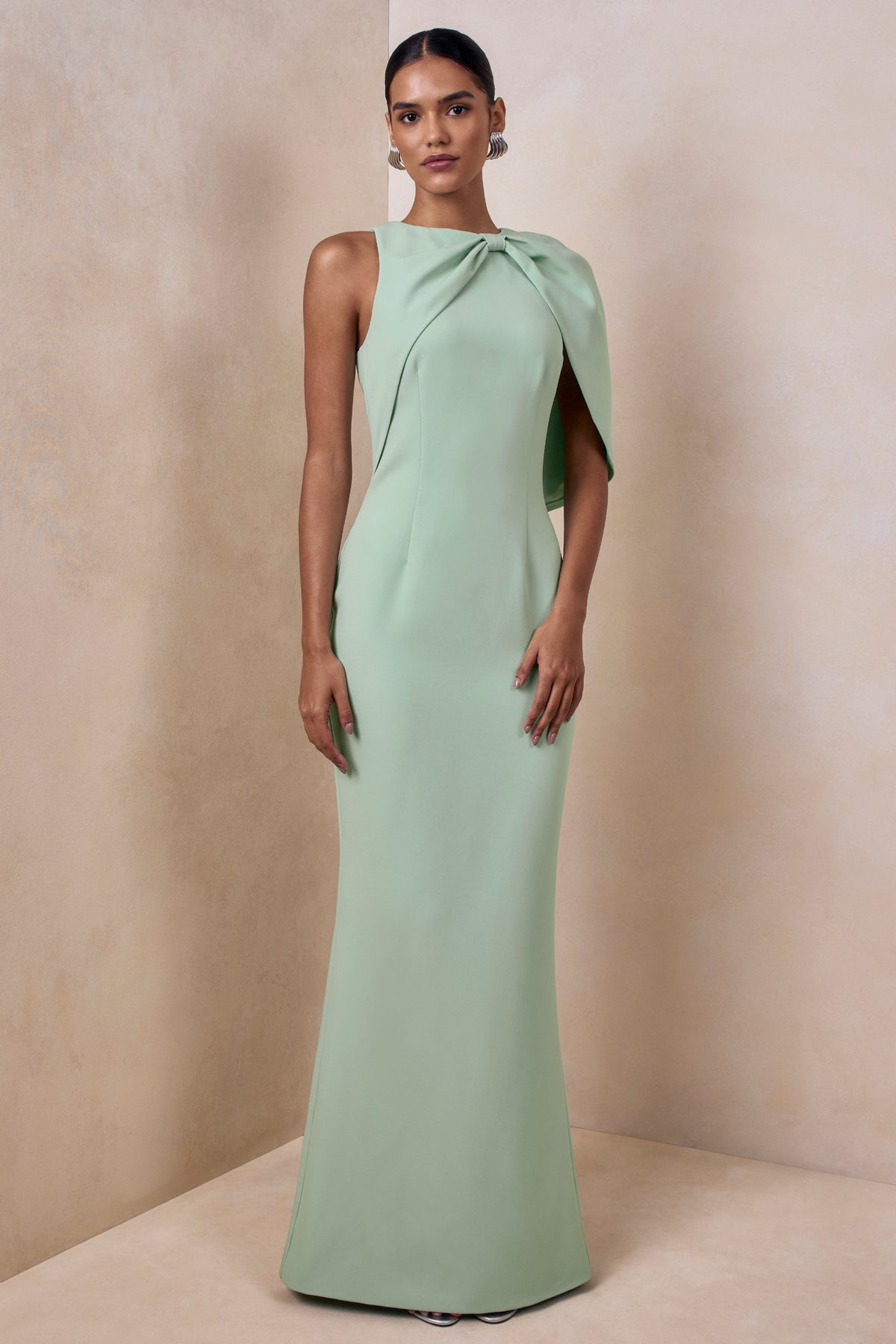 Quira | Mint Round Neck Short Sleeve Maxi Dress With Bow Detailing And Back Split