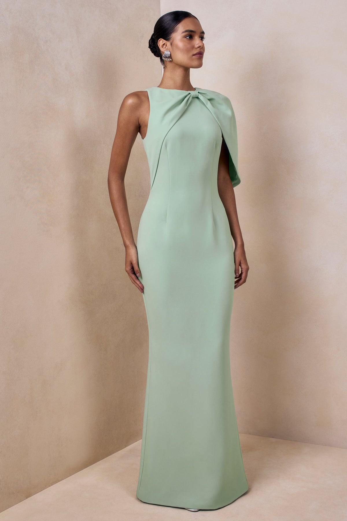 Quira | Mint Round Neck Short Sleeve Maxi Dress With Bow Detailing And Back Split