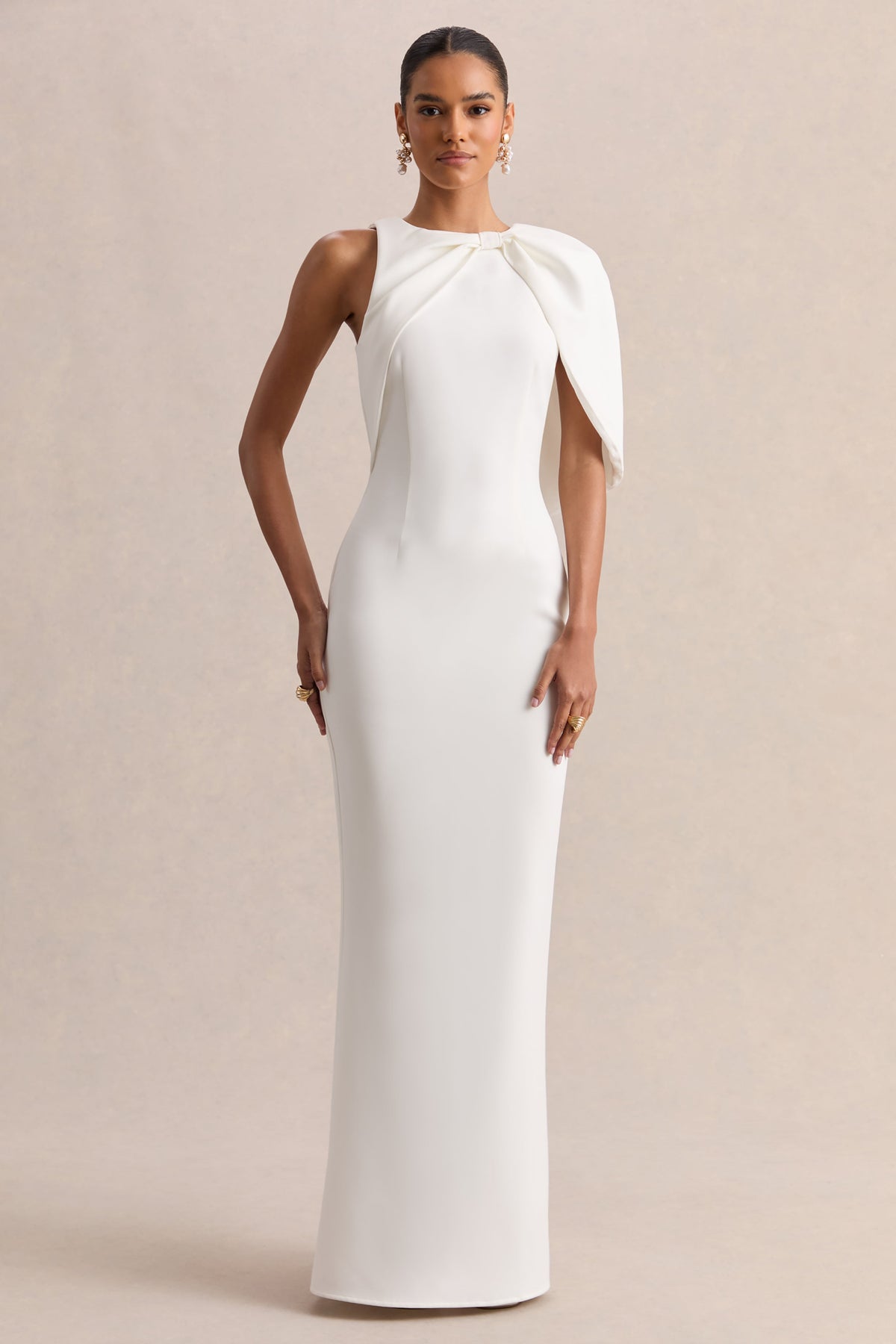 Quira | White Round Neck Short Sleeve Maxi Dress With Bow Detailing And Back Split