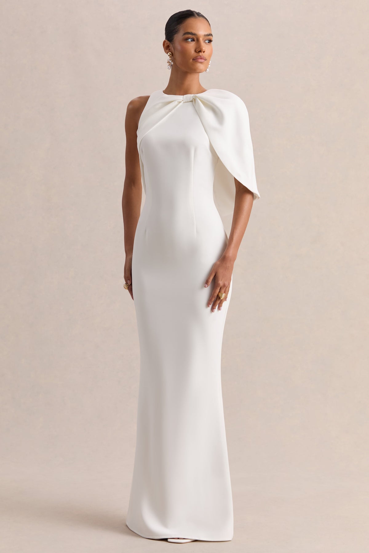 Quira | White Round Neck Short Sleeve Maxi Dress With Bow Detailing And Back Split