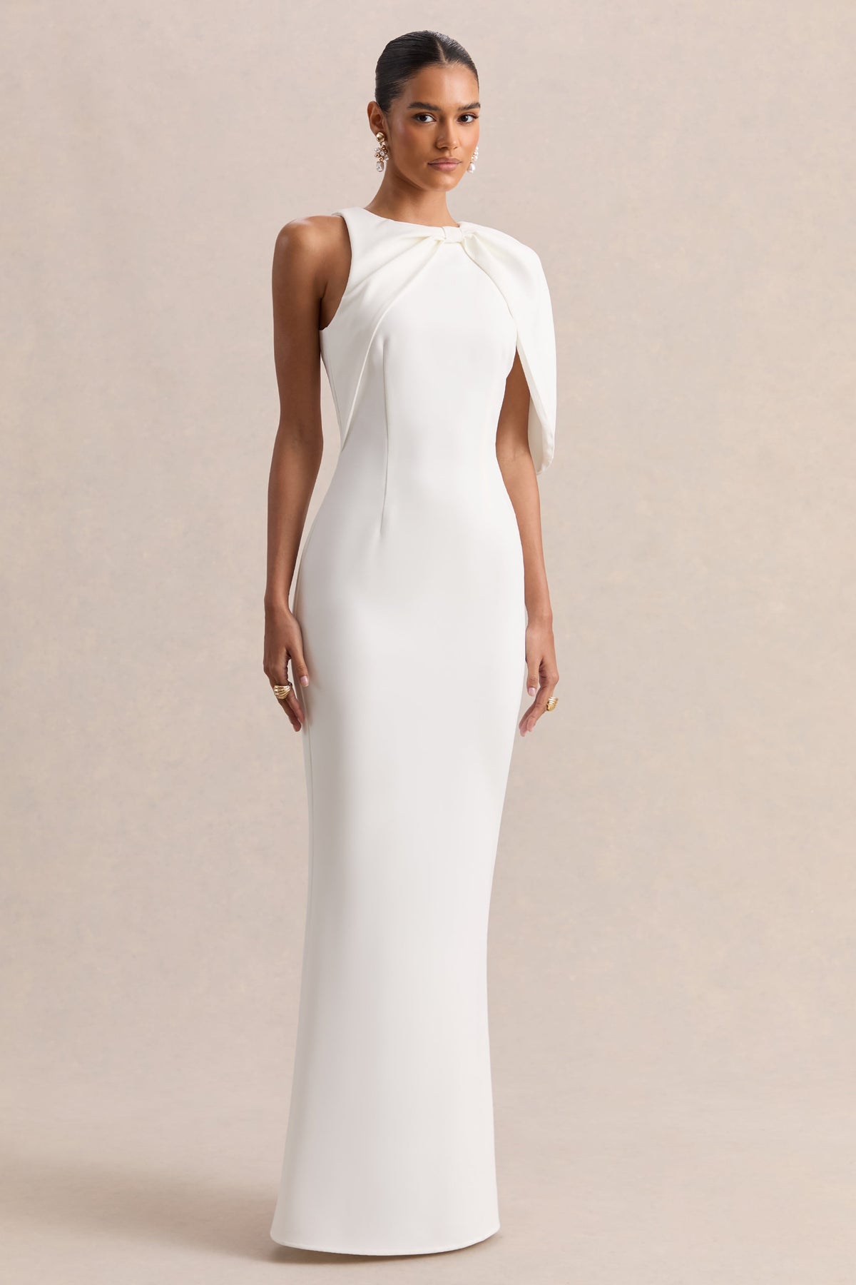 Quira | White Round Neck Short Sleeve Maxi Dress With Bow Detailing And Back Split