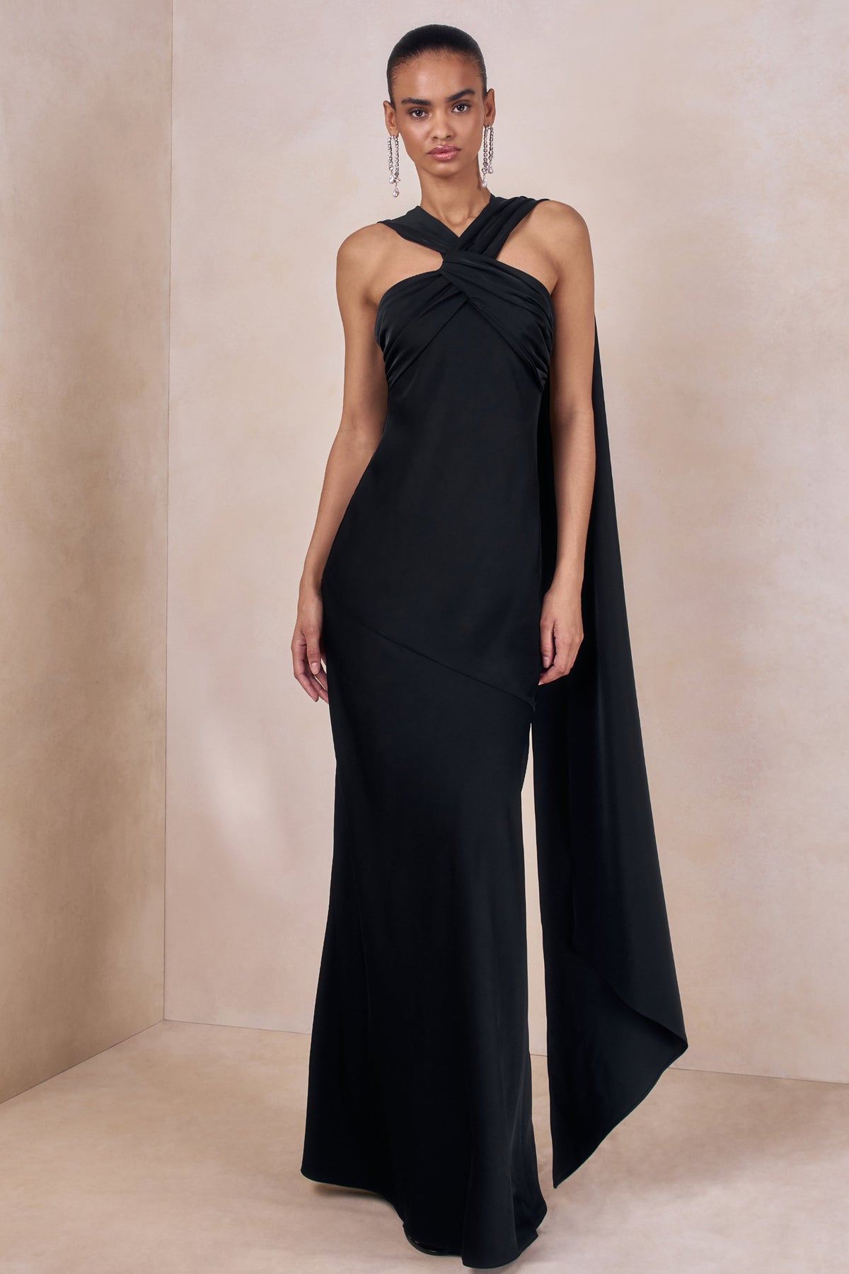 Sloane | Black Matte Satin Halter-Neck Maxi Dress With Cape