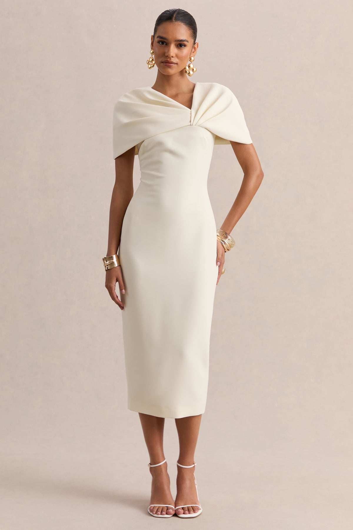 Novalie | Cream V-Neck Midi Dress With Twist-Detail