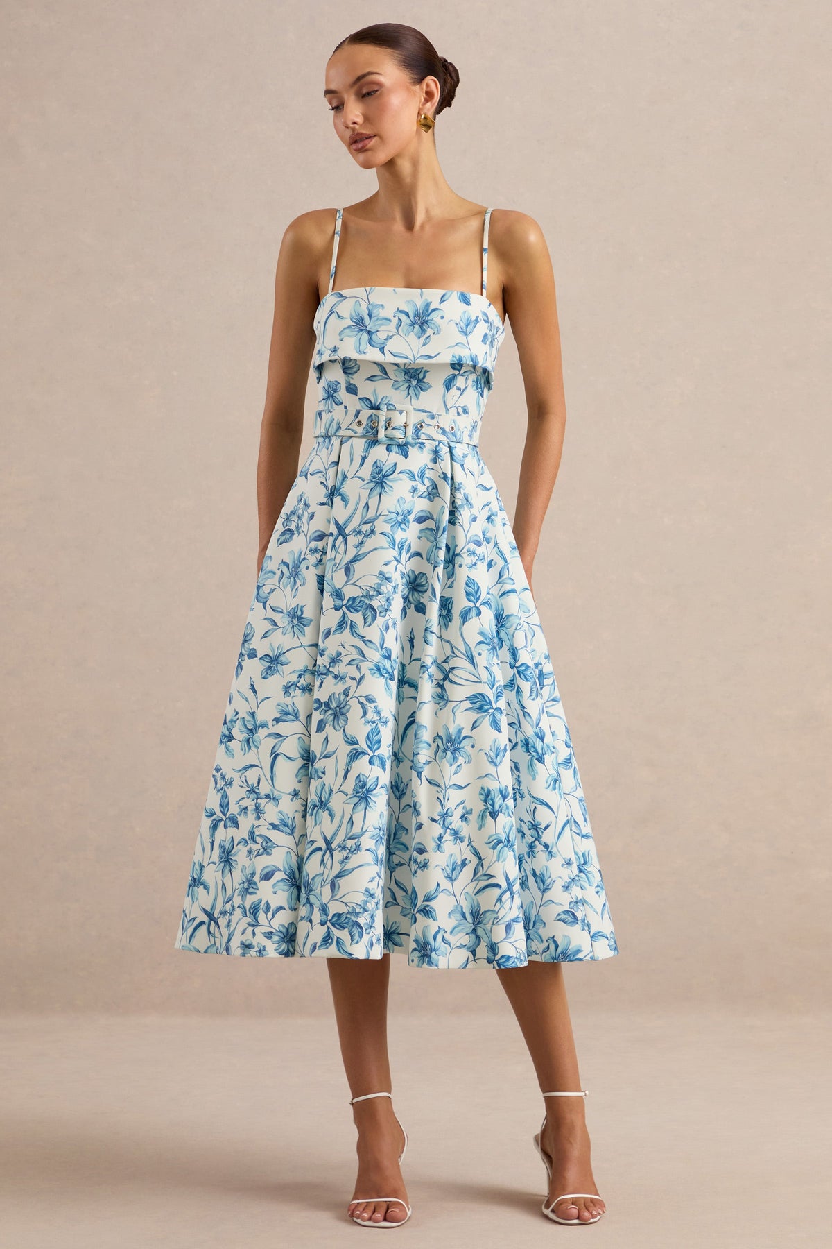 Devina | Blue Porcelain Print Square-Neck Belted Midi-Dress