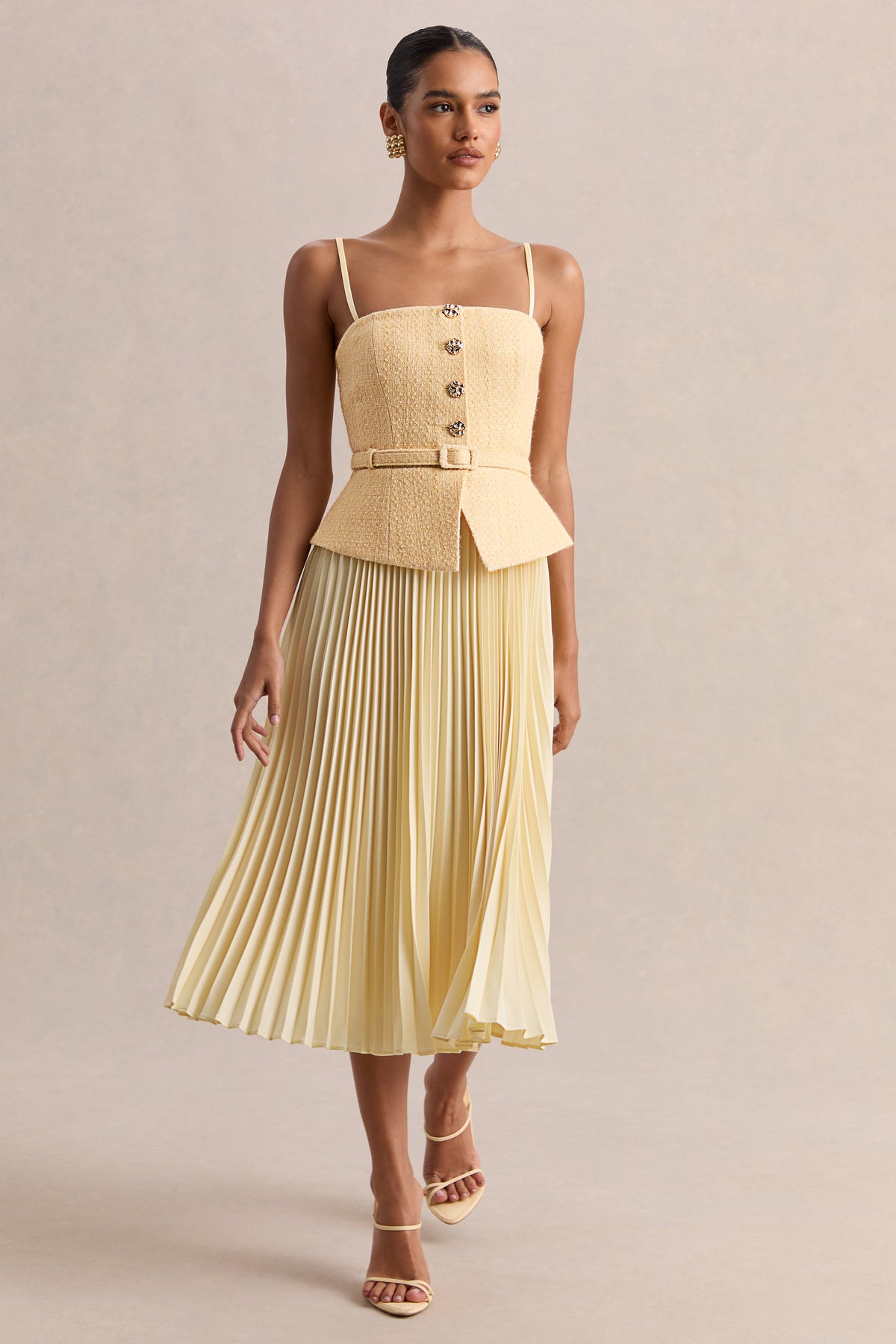 Lizzy | Lemon Square-Neck Midi Dress With Pleated-Skirt
