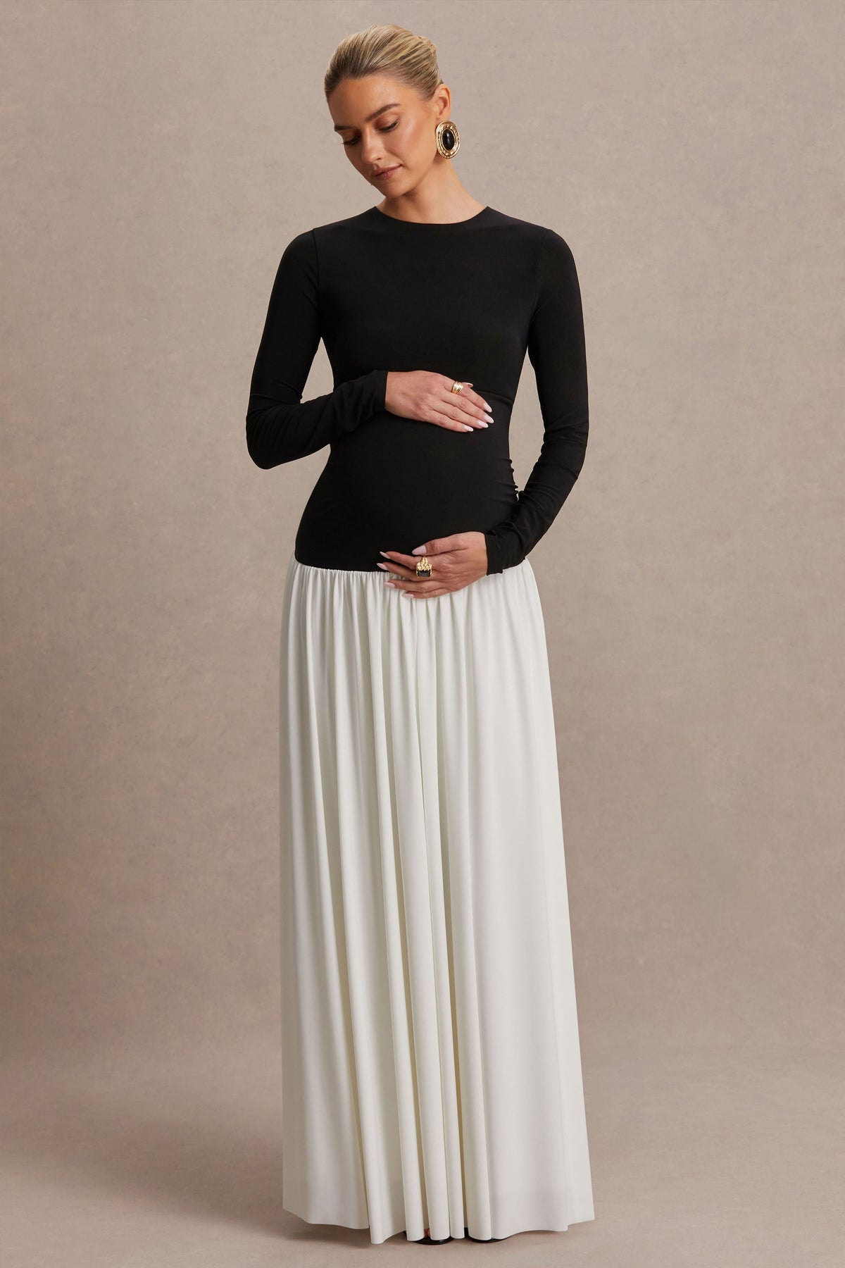 Monroe | Black And White Crew-Neck Maternity Maxi Dress With Drop-Waist