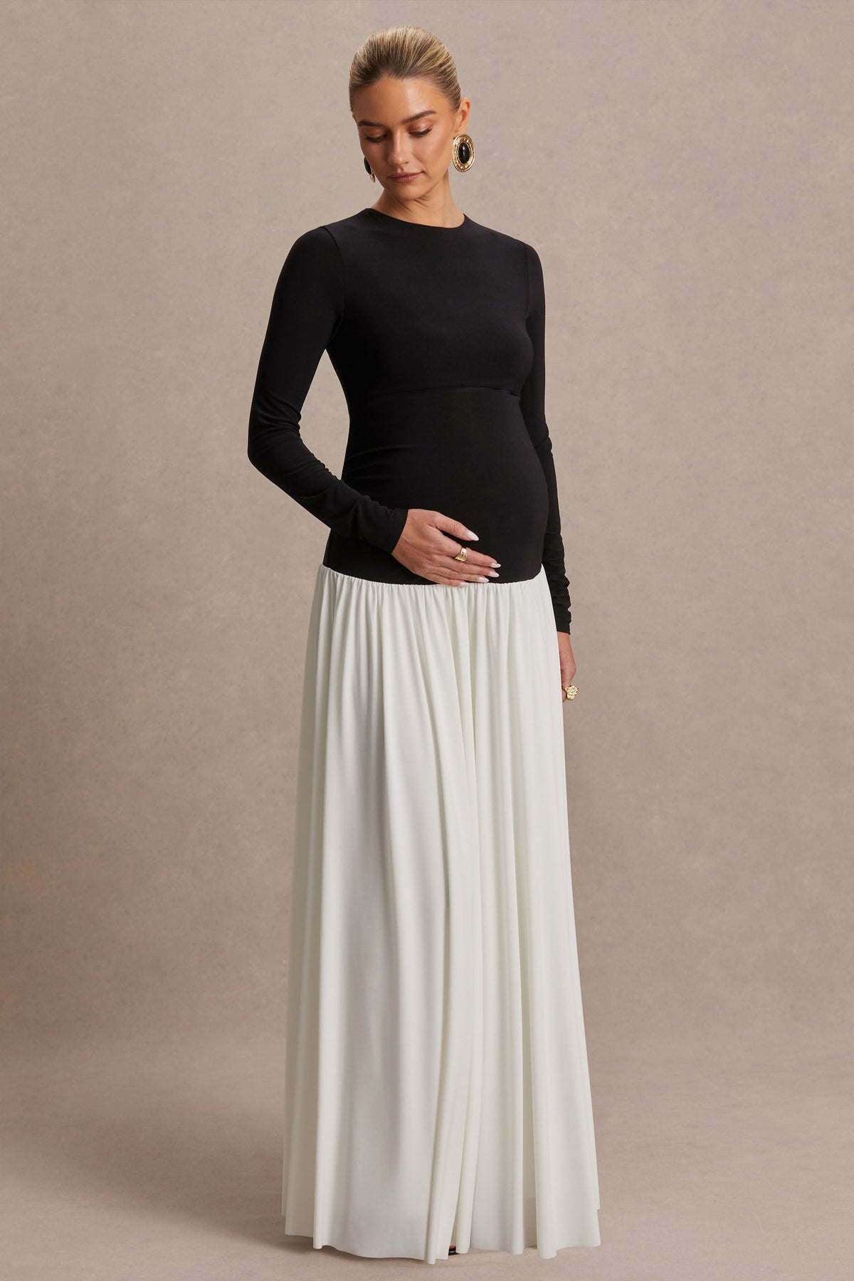 Monroe | Black And White Crew-Neck Maternity Maxi Dress With Drop-Waist