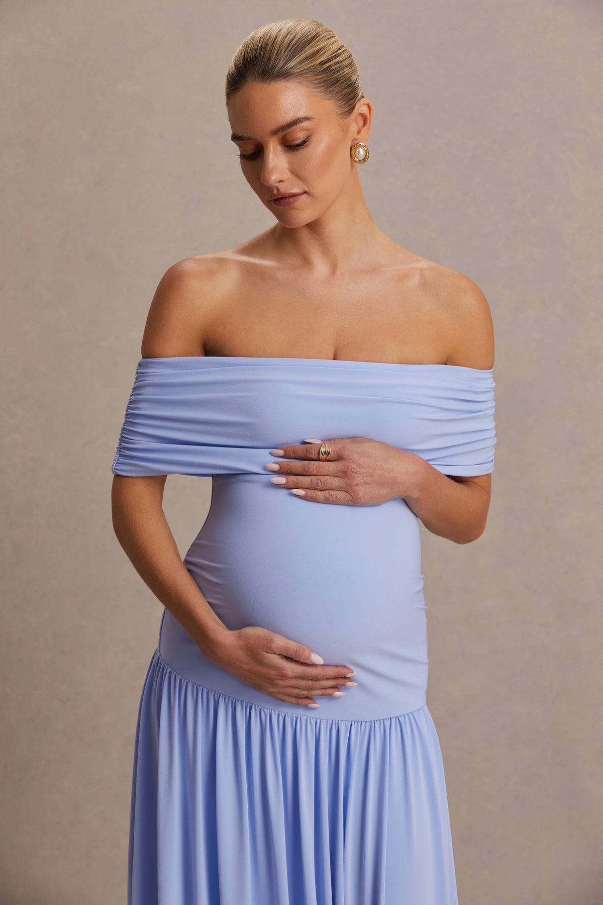 Juliette | Powder Blue Jersey Ruched Bardot Maternity Maxi Dress With Drop Waist