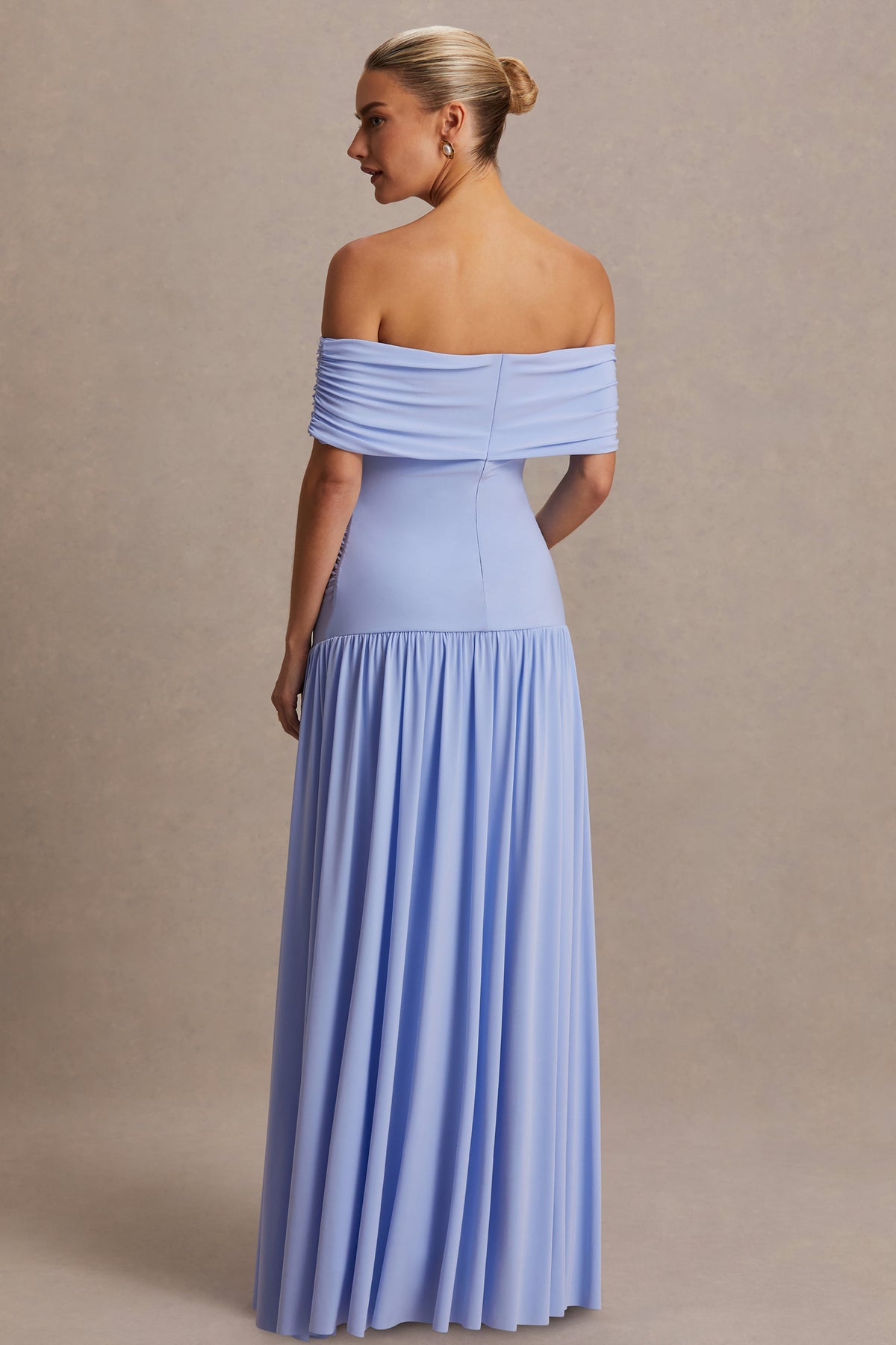 Juliette | Powder Blue Jersey Ruched Bardot Maternity Maxi Dress With Drop Waist