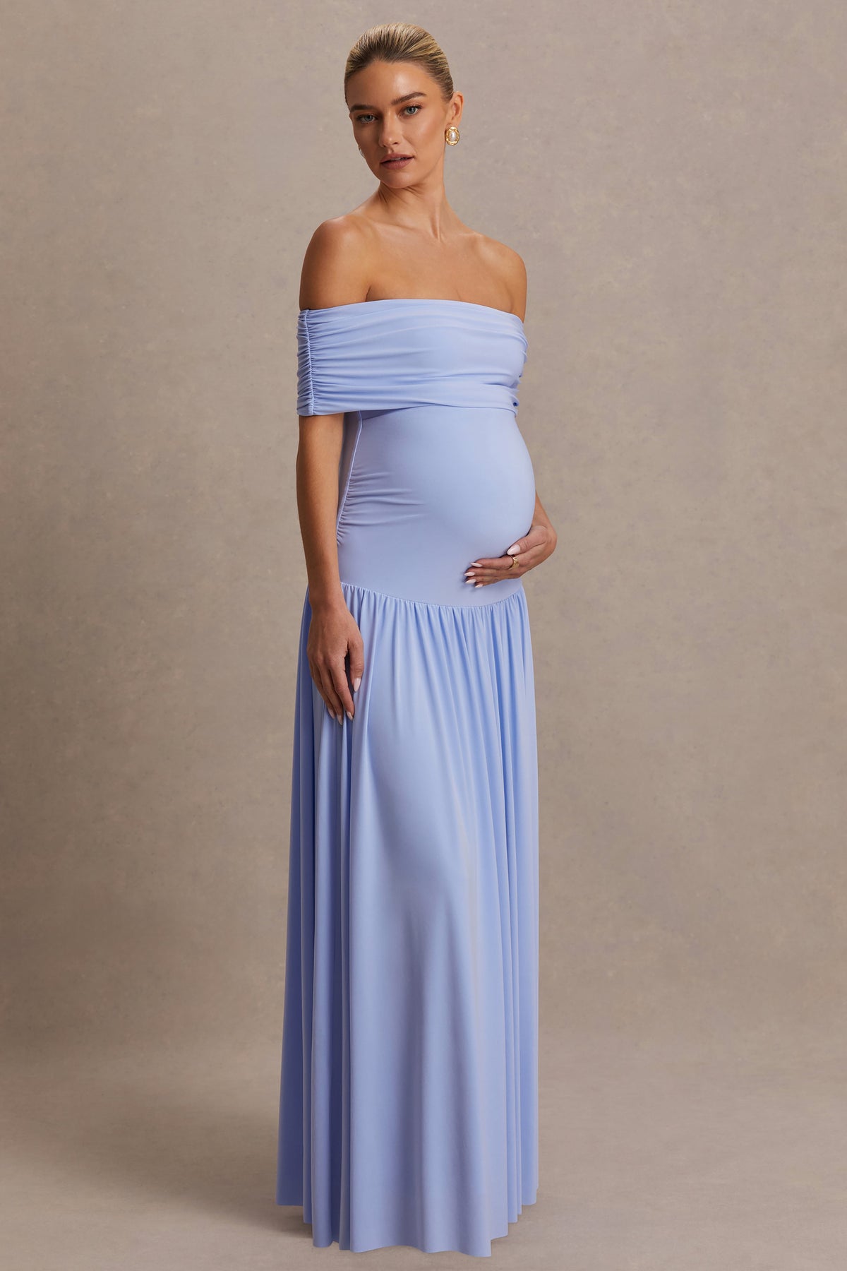 Juliette | Powder Blue Jersey Ruched Bardot Maternity Maxi Dress With Drop Waist