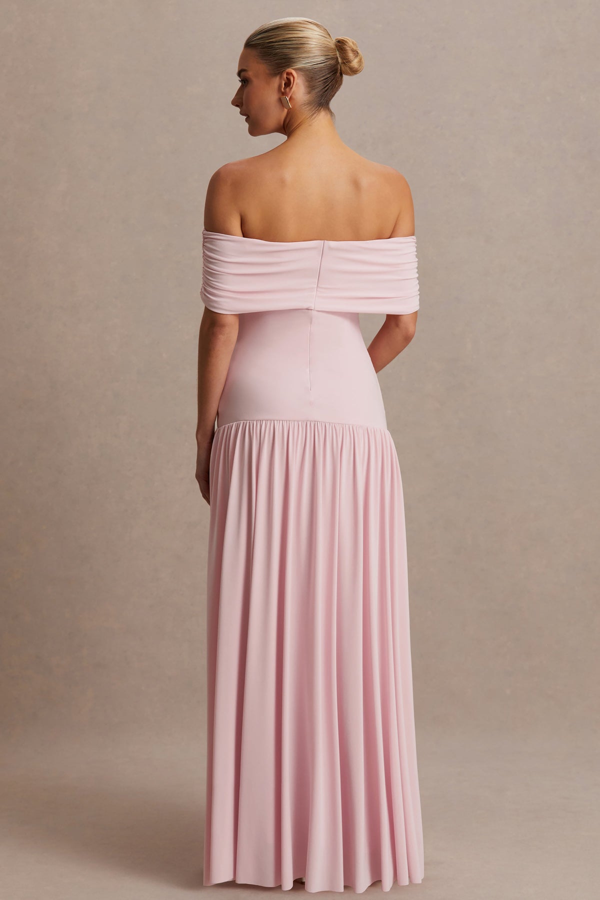 Juliette | Blush Pink Jersey Ruched Bardot Maternity Maxi Dress With Drop Waist