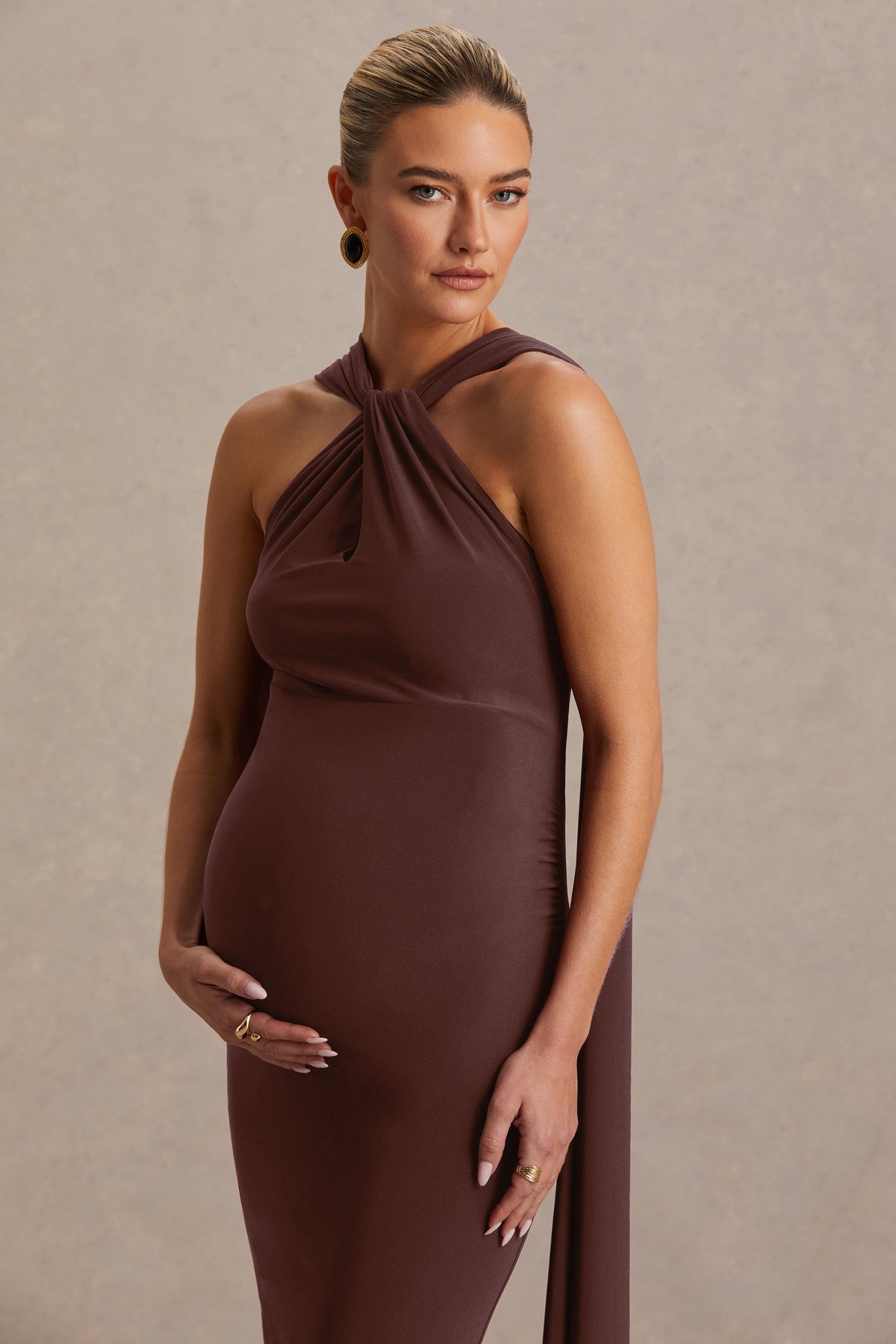 Lyra | Brown Cross Halter-Neck Maternity Maxi Dress With Cape