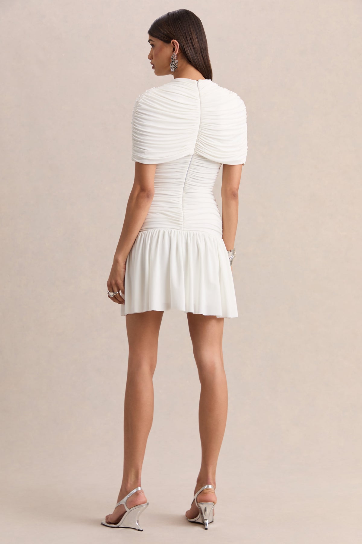Fenella | White High-Neck Mini Dress With Cape-Sleeves And Ruched Detailing