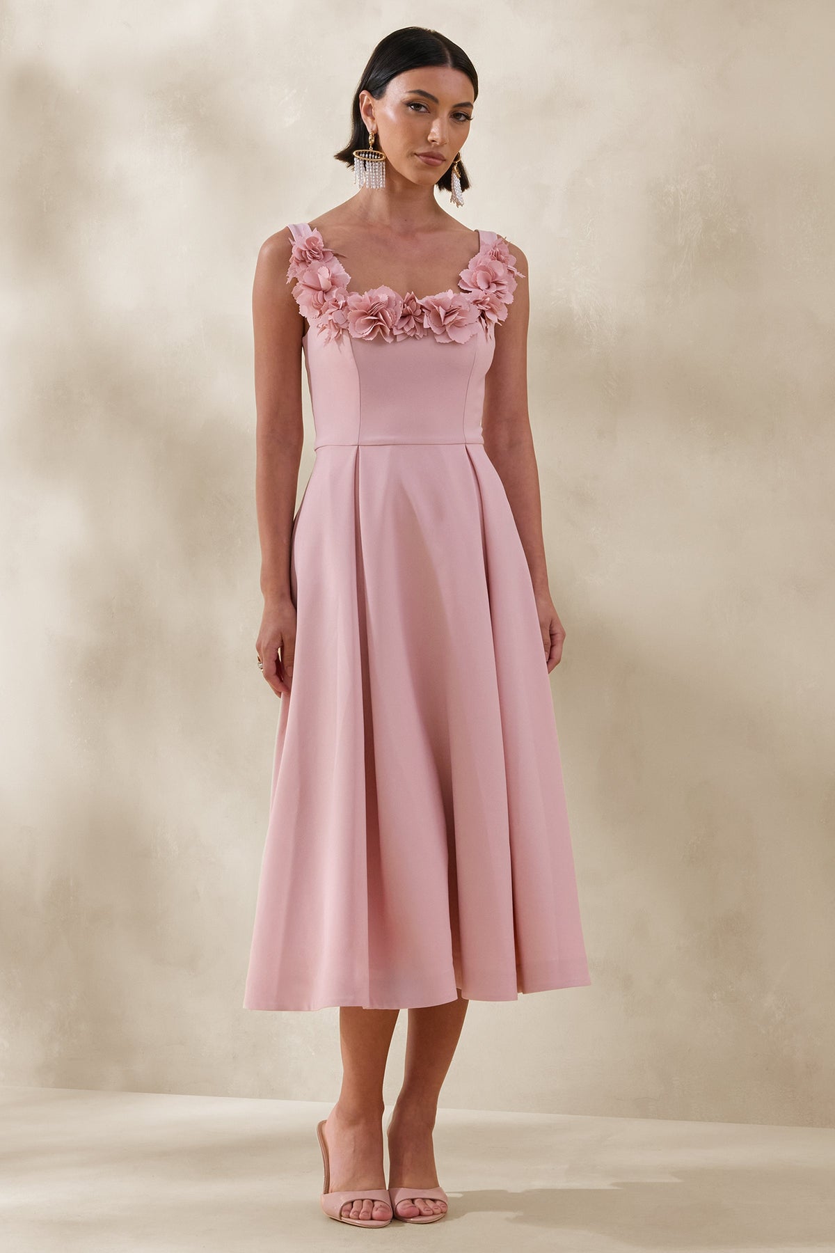 Maelle | Pink Scoop-Neck Midi Dress With Corsage Detailing