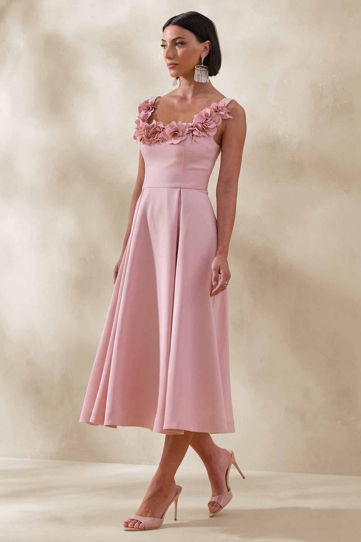 Maelle | Pink Scoop-Neck Midi Dress With Corsage Detailing
