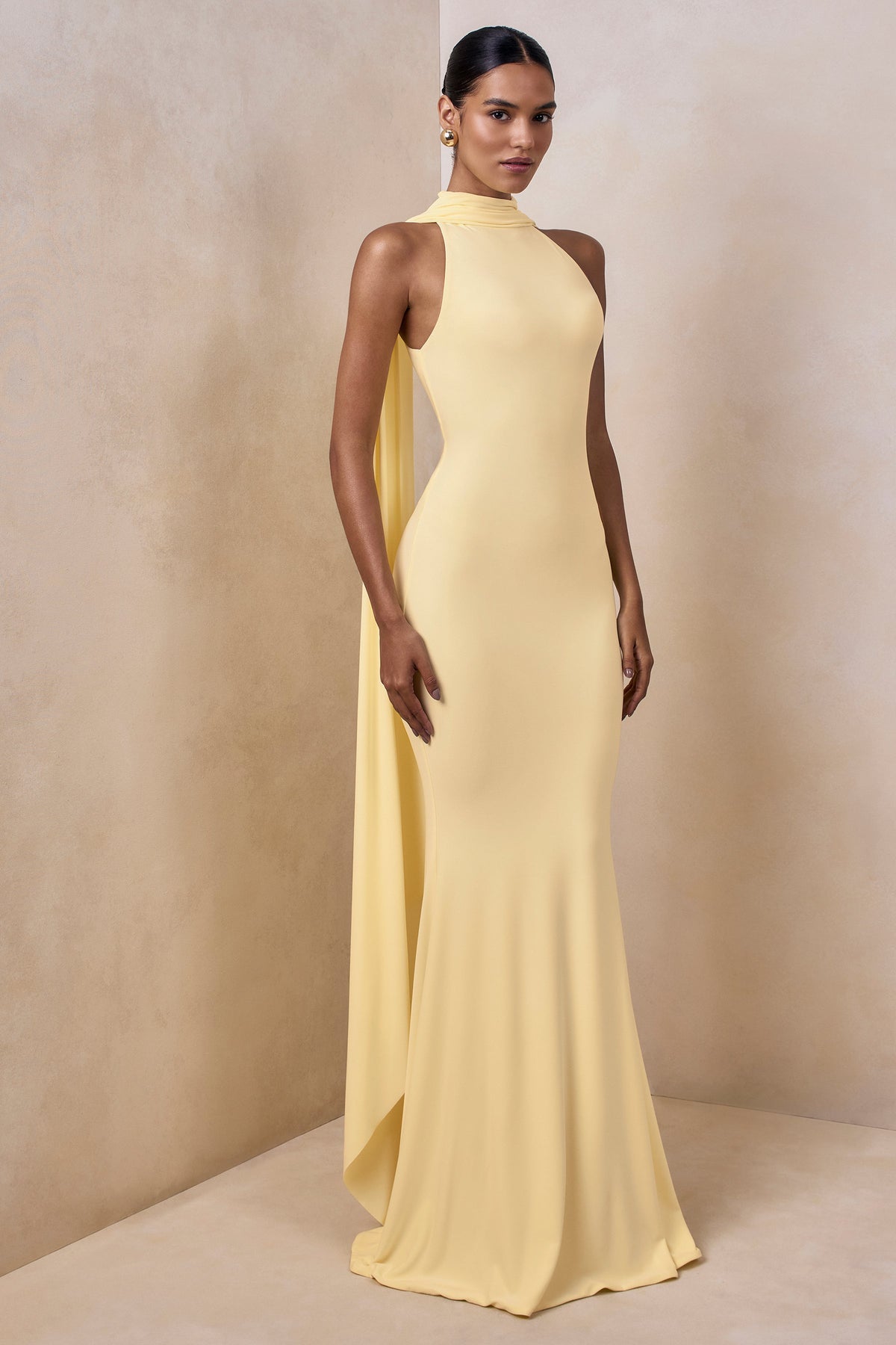 Cordy | Lemon Jersey High Neck Maxi Dress With Scarf Detail