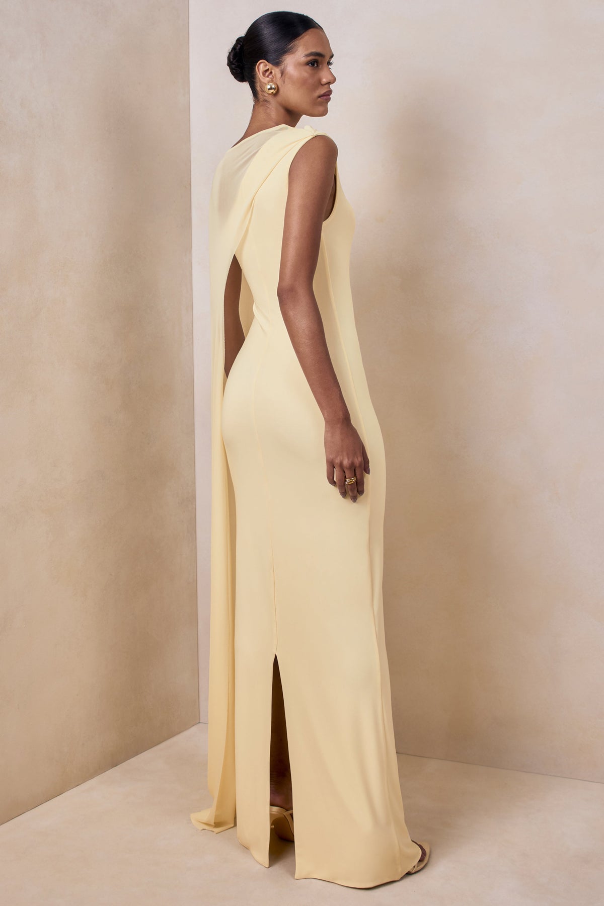 Mirelle | Lemon Jersey Boat Neck Maxi Dress With Mesh Cape And Back Split
