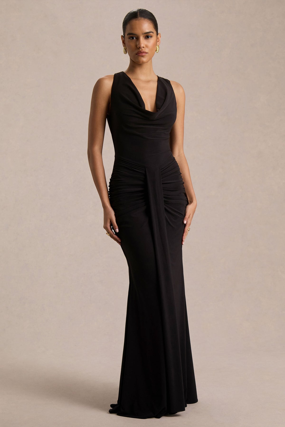 Mallie | Black Cowl-Neck Maxi Dress With Gathered-Detailing