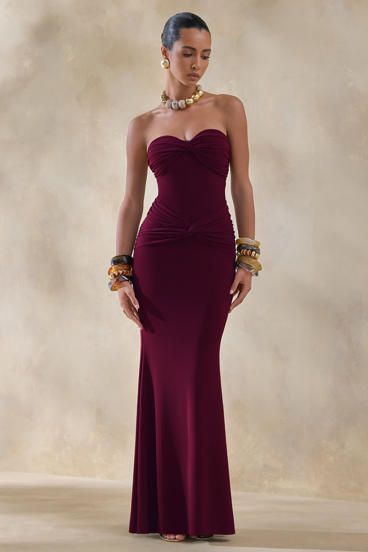 Elodia | Burgundy Bandeau Maxi Dress With Gathered-Detailing
