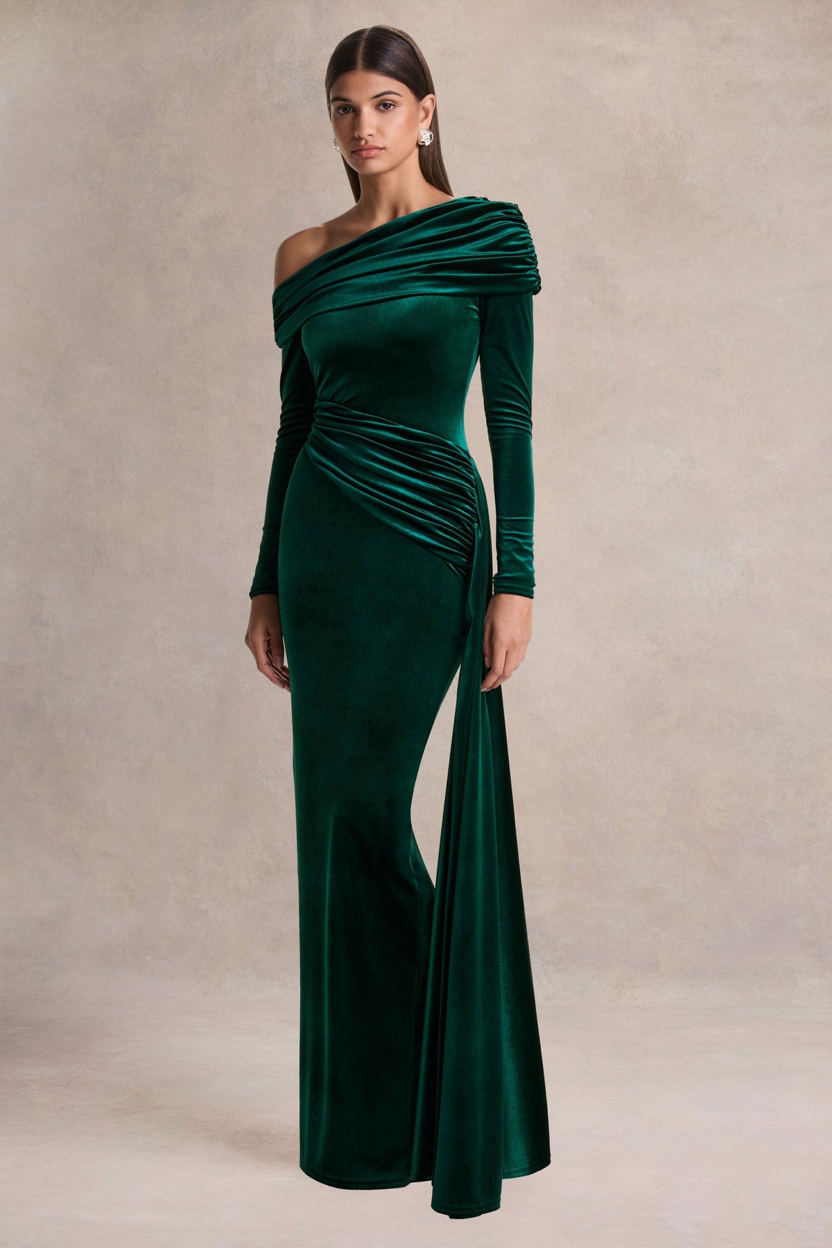 Hadria | Bottle Green Velvet Asymmetric-Neck Maxi Dress With Sash-Detail