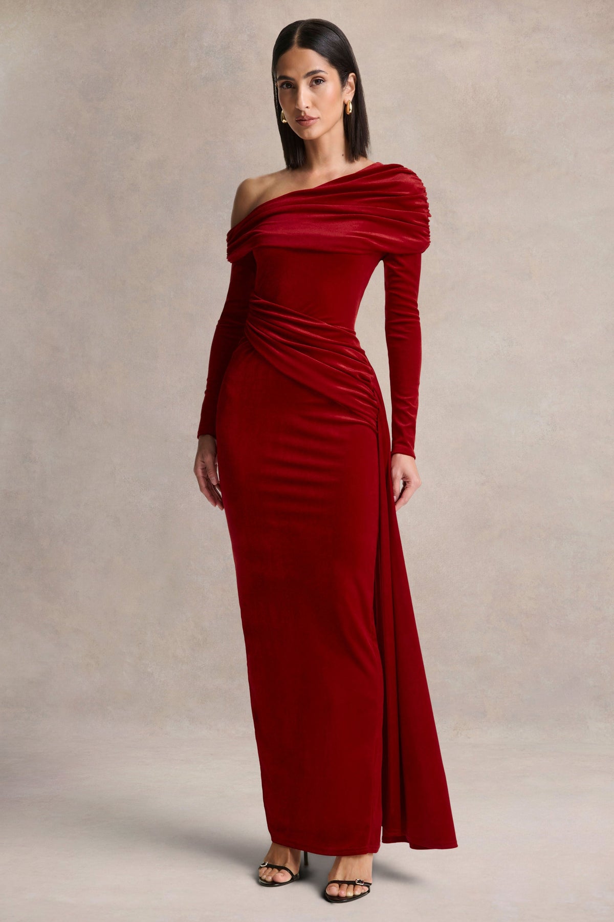 Hadria | Red Velvet Asymmetric-Neck Maxi Dress With Sash-Detail