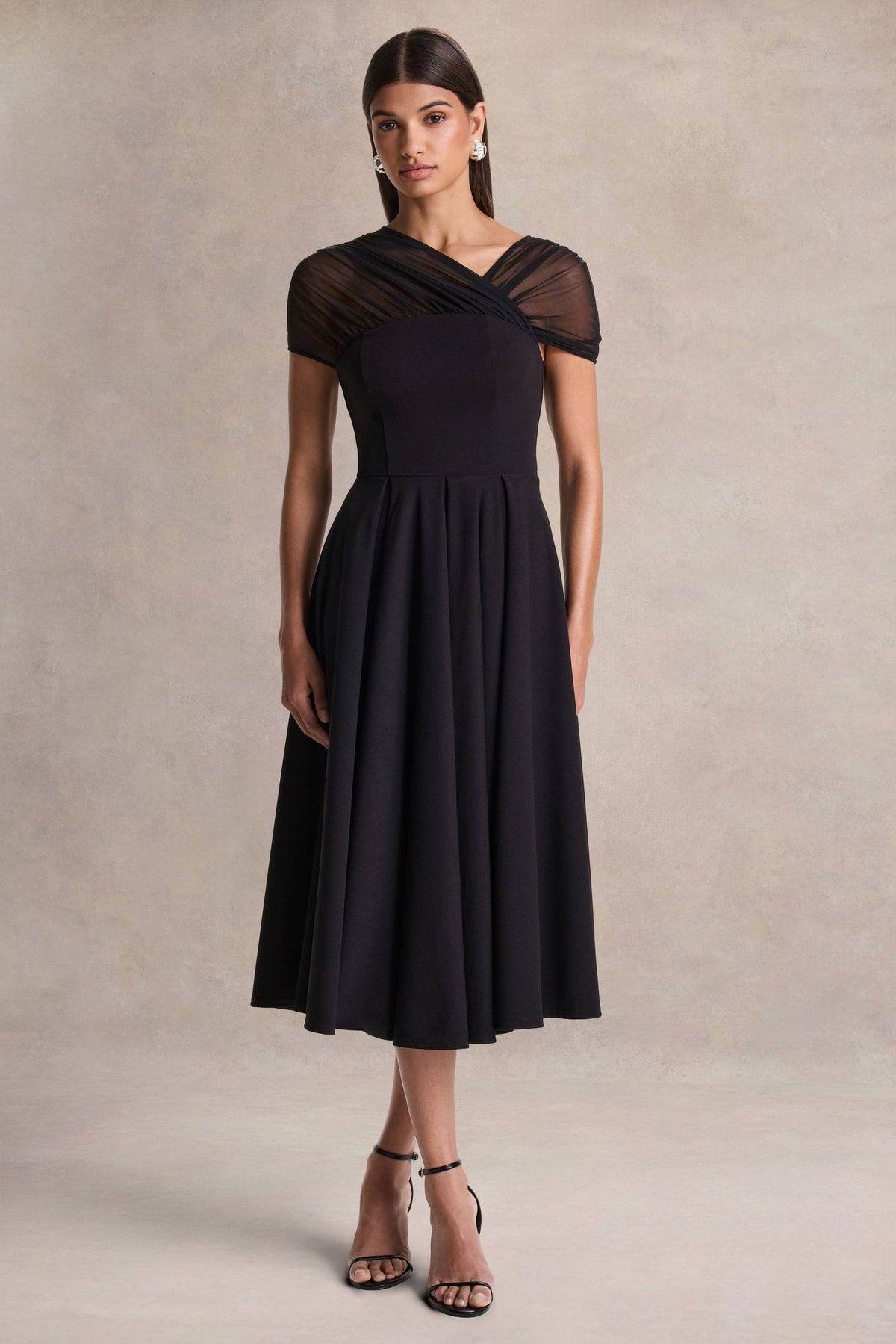 Rosette | Black Asymmetric-Neck Midi Dress