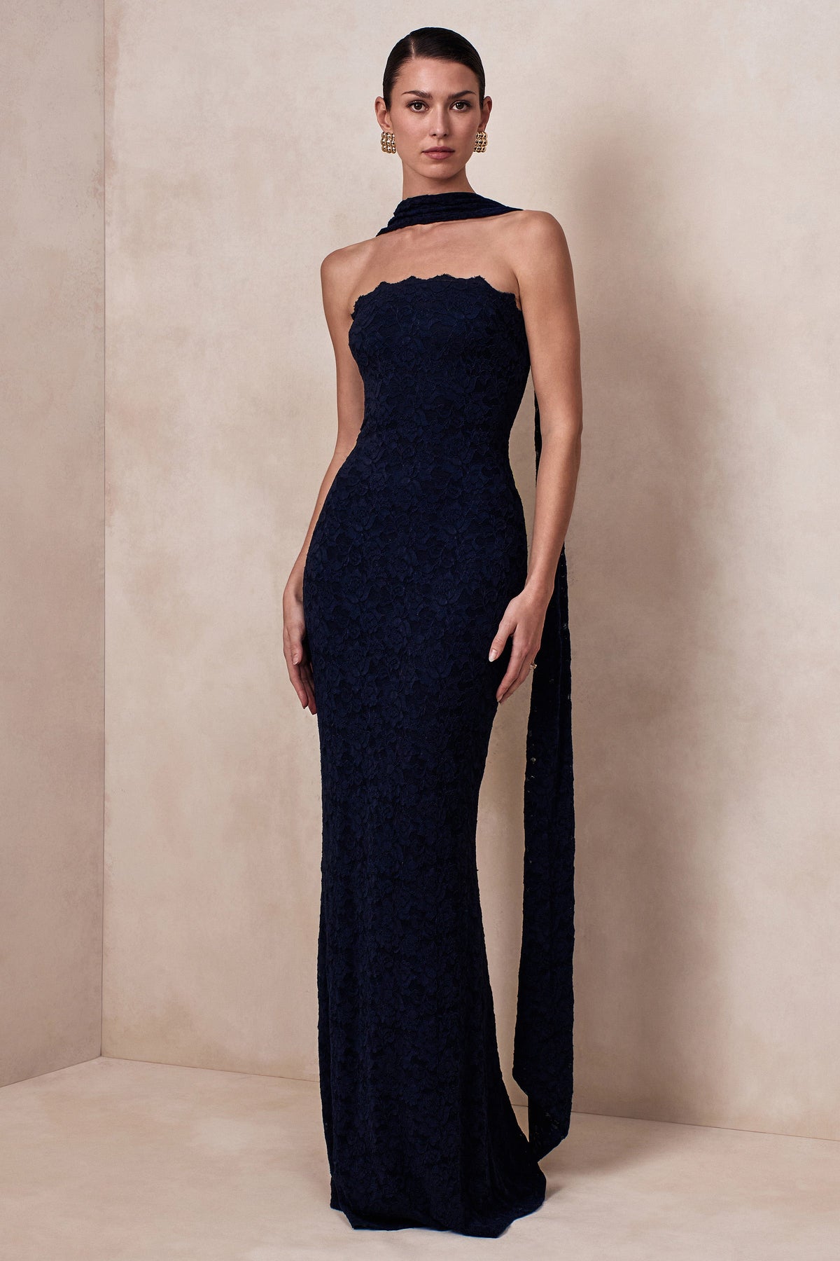Massima | Navy Lace Bandeau Maxi Dress With Scarf Detail And Back Split
