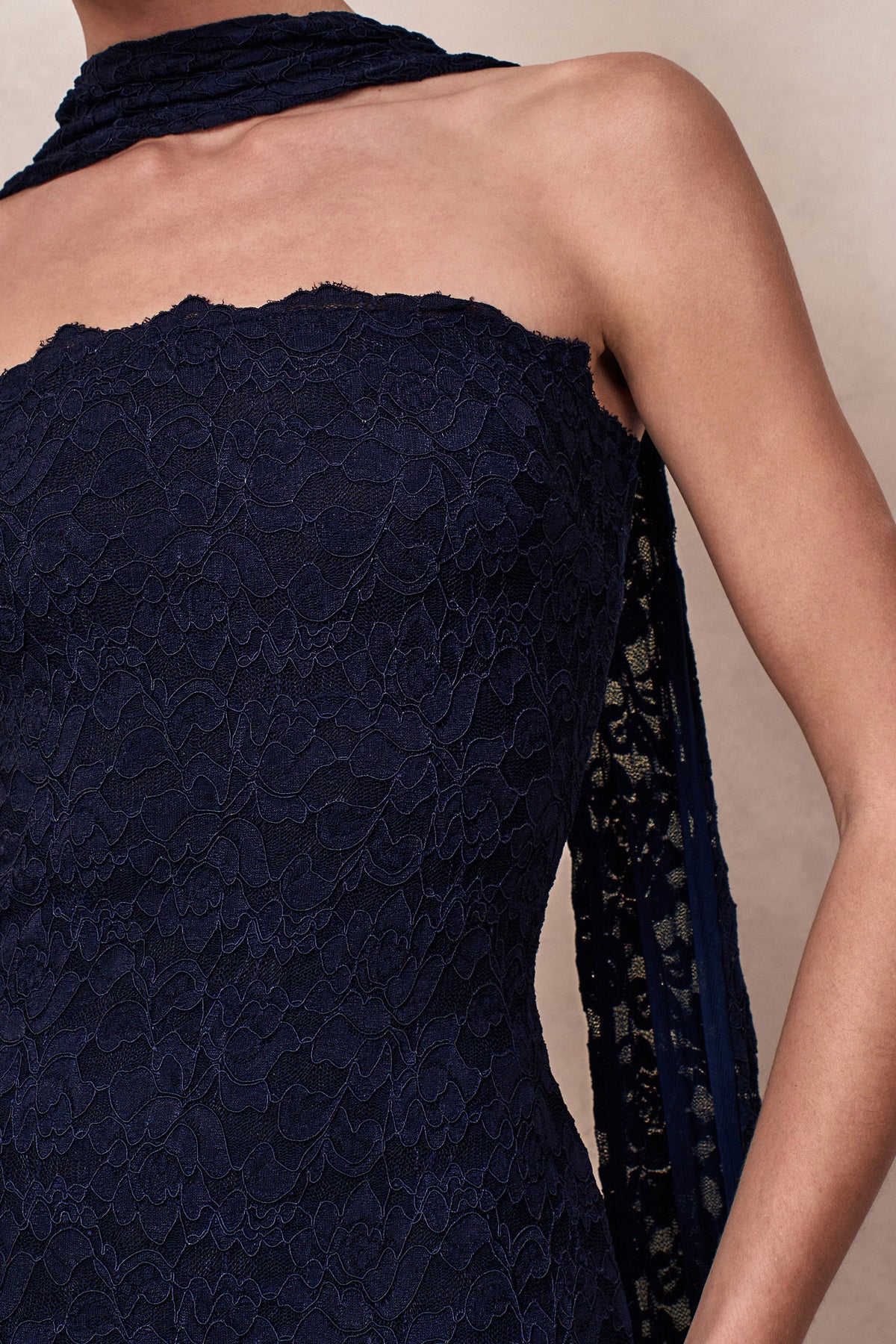 Massima | Navy Lace Bandeau Maxi Dress With Scarf Detail And Back Split