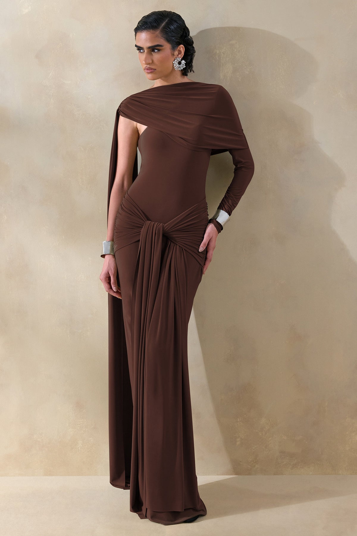 Trisara | Dark Brown Jersey One Sleeve Maxi Dress With Gathered Detailing and Sash