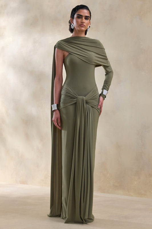 Trisara | Olive Jersey One Sleeve Maxi Dress With Gathered Detailing and Sash